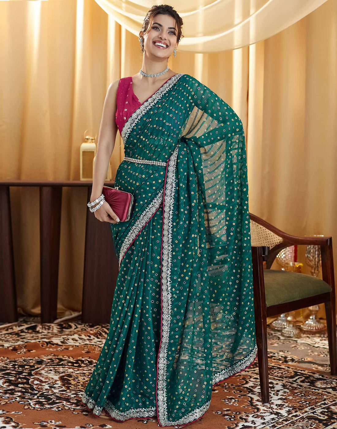 Rama Green Bandhani Printed Georgette Saree