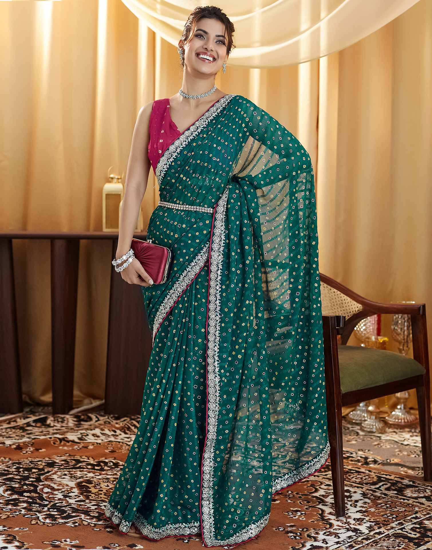Rama Green Bandhani Printed Georgette Saree