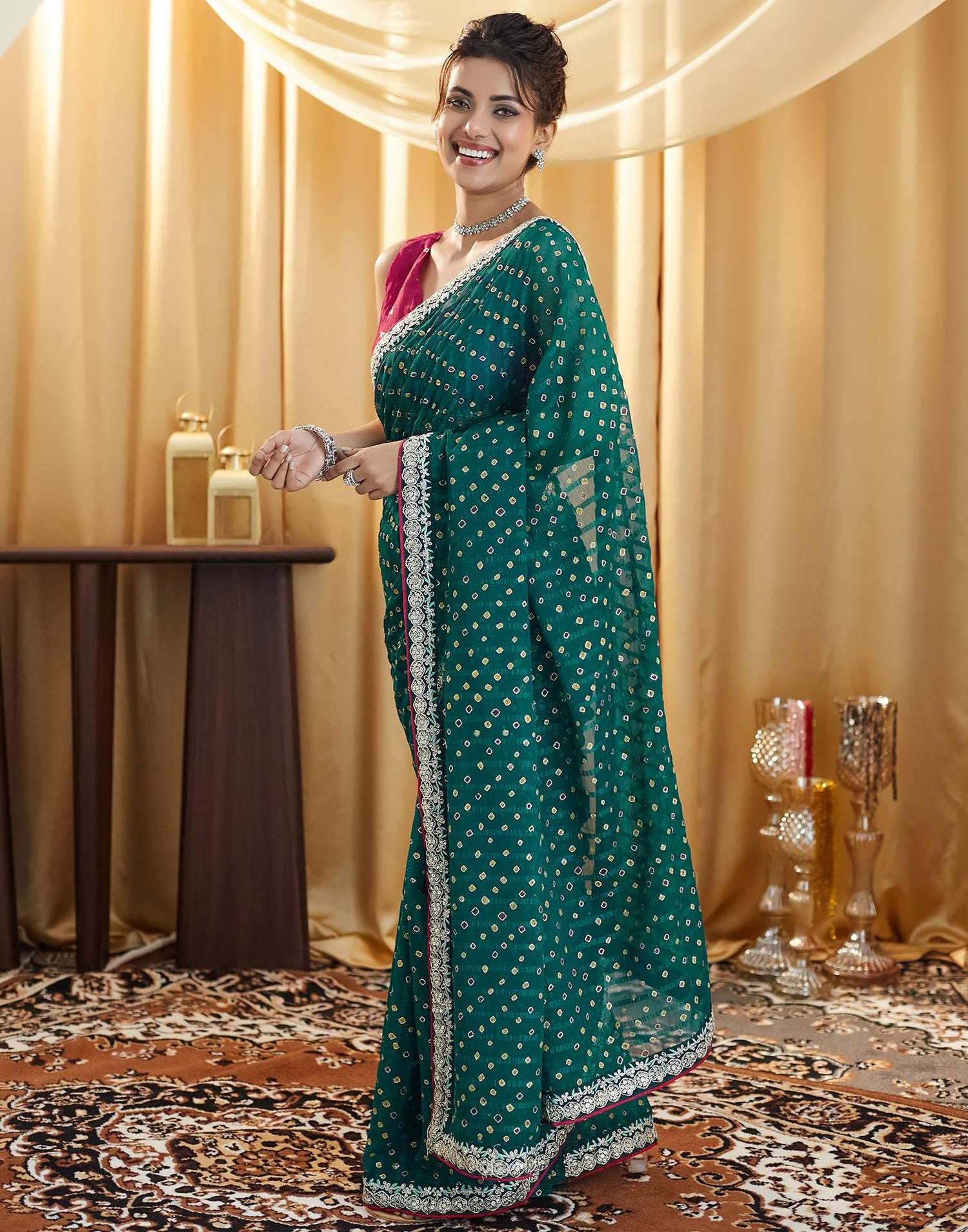 Rama Green Bandhani Printed Georgette Saree