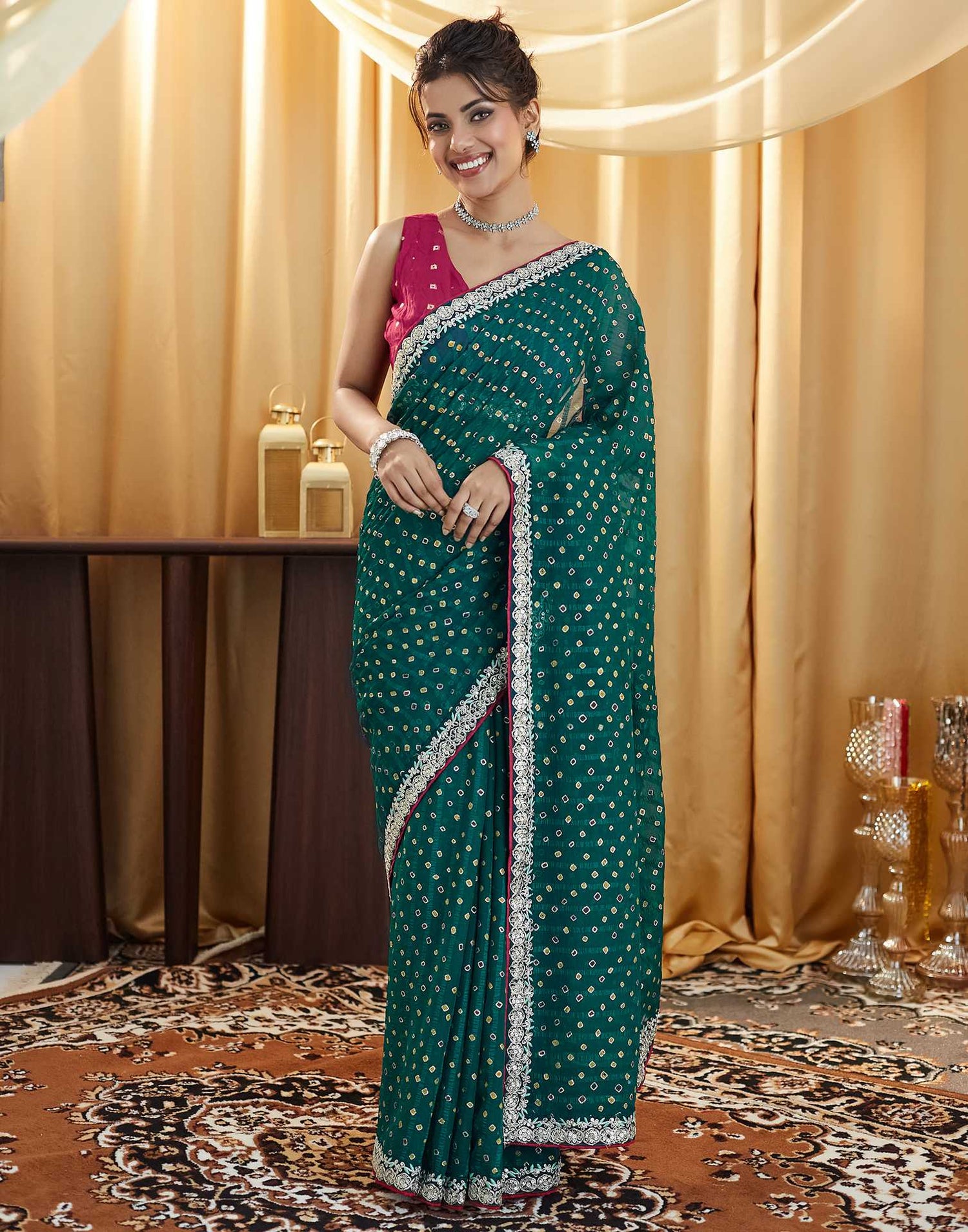 Rama Green Bandhani Printed Georgette Saree