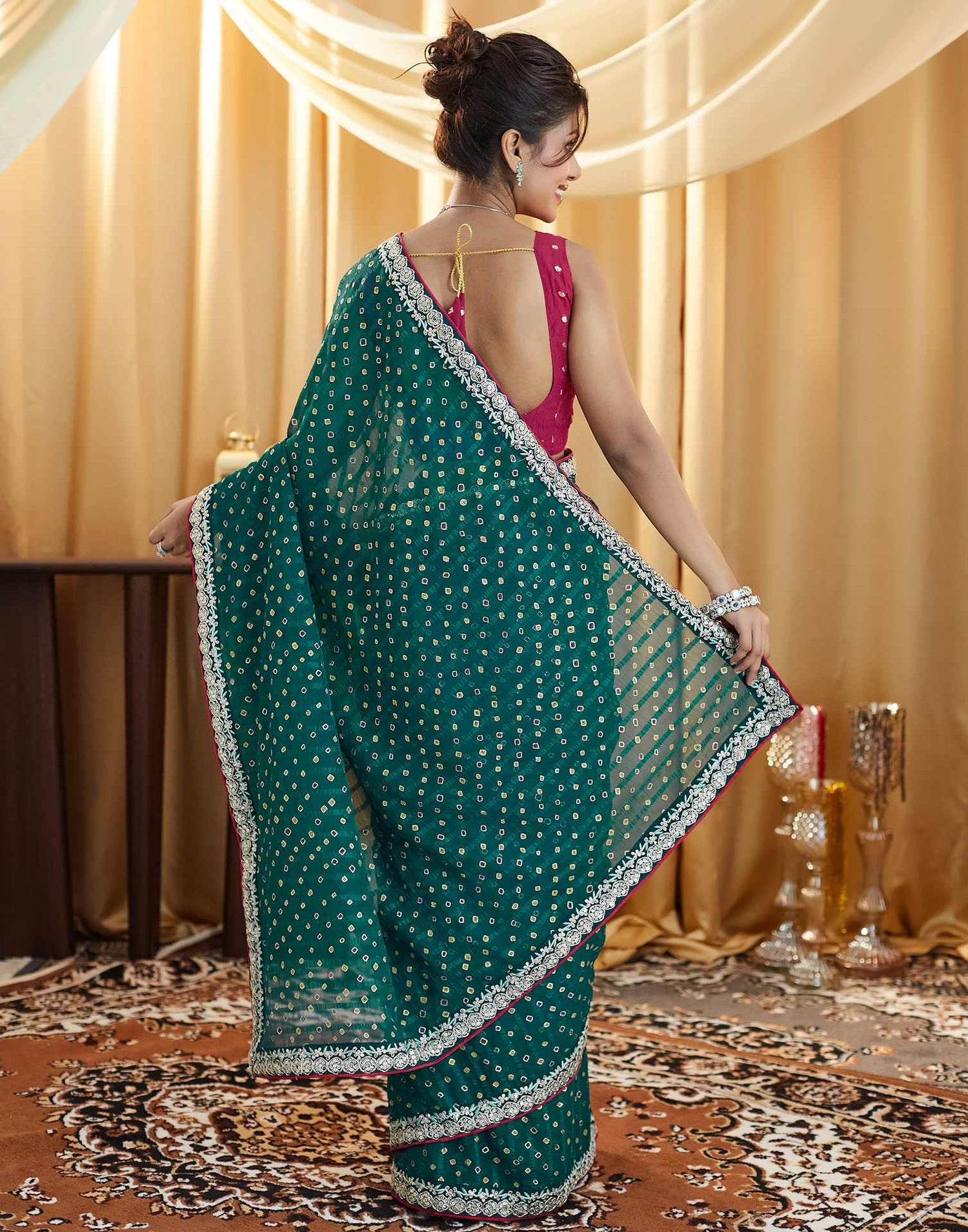 Rama Green Bandhani Printed Georgette Saree