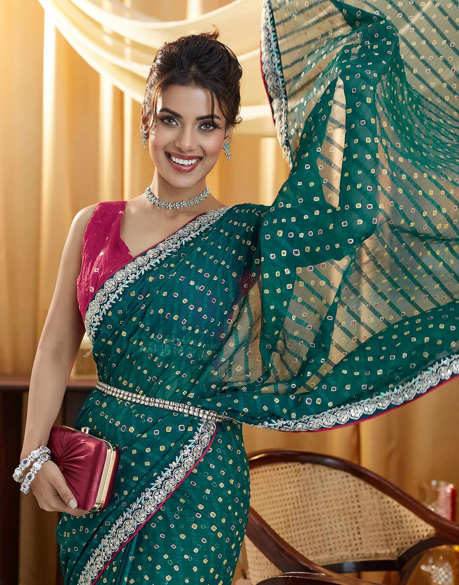 Rama Green Bandhani Printed Georgette Saree