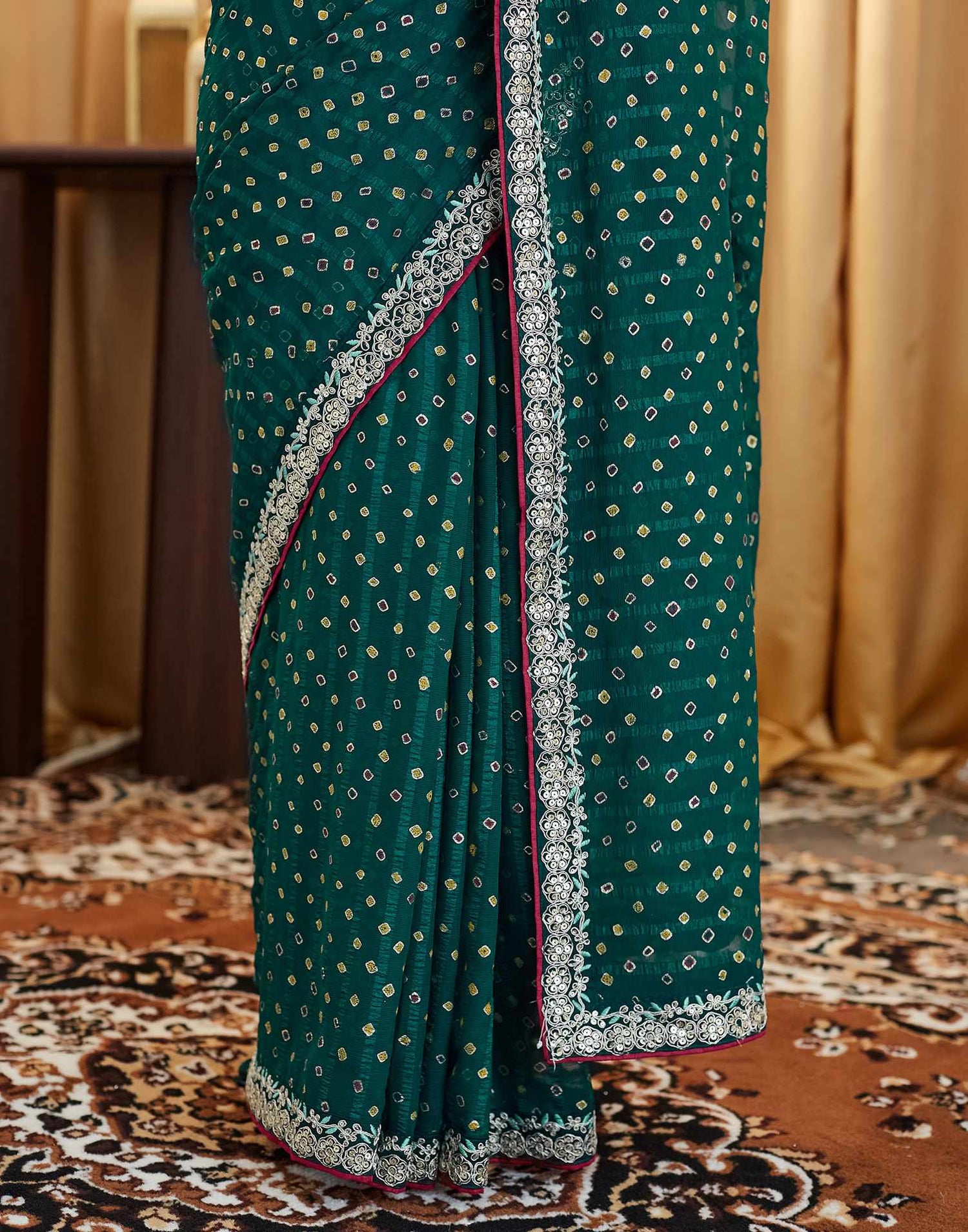 Rama Green Bandhani Printed Georgette Saree