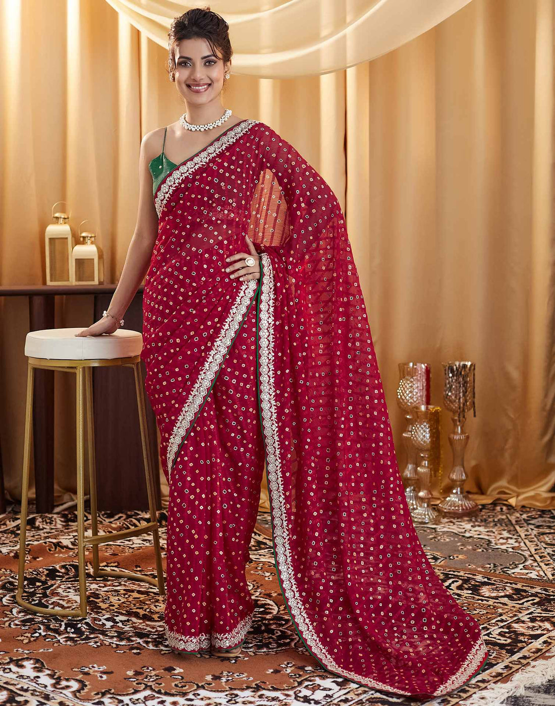 Dark Pink Bandhani Printed Georgette Saree