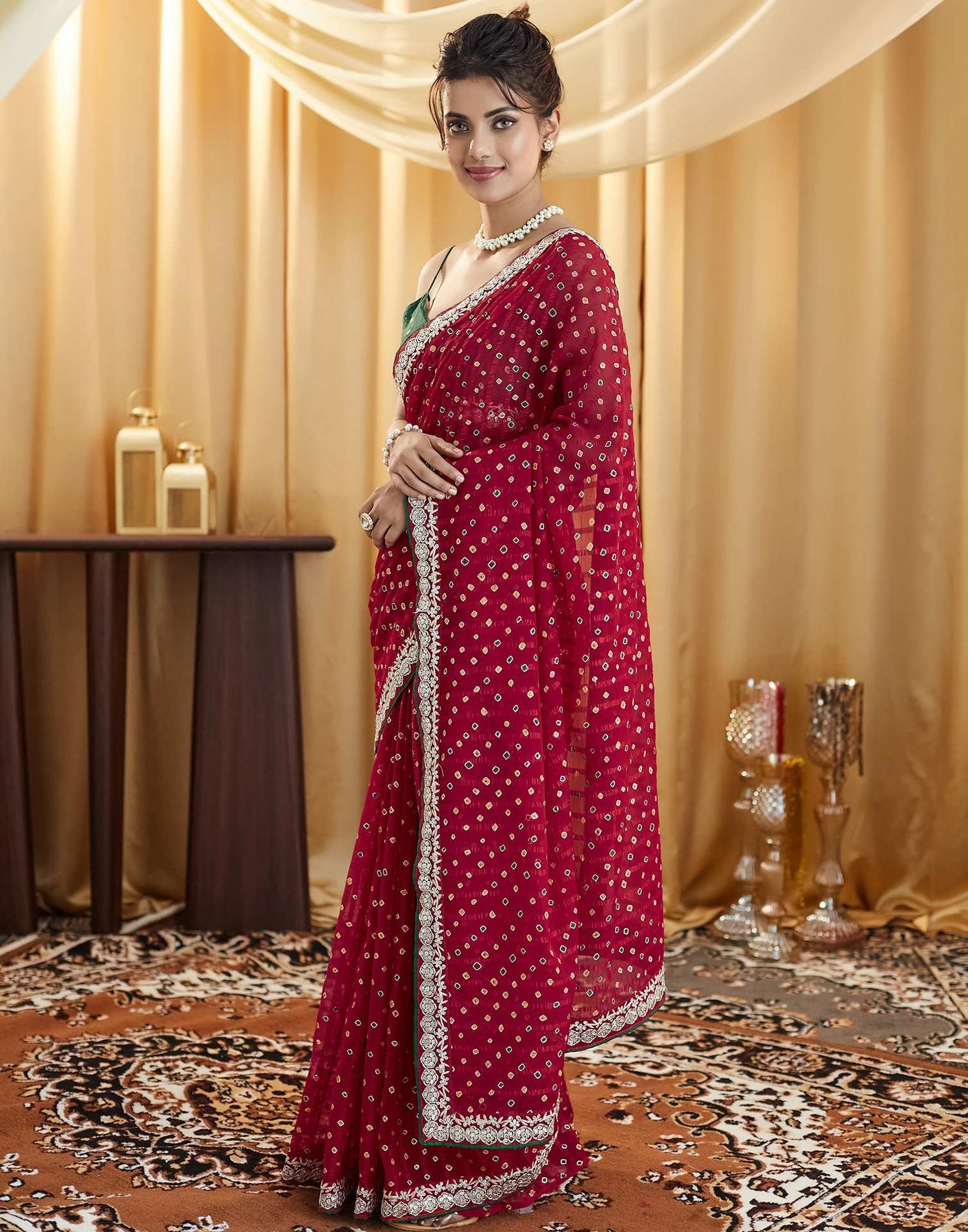 Dark Pink Bandhani Printed Georgette Saree