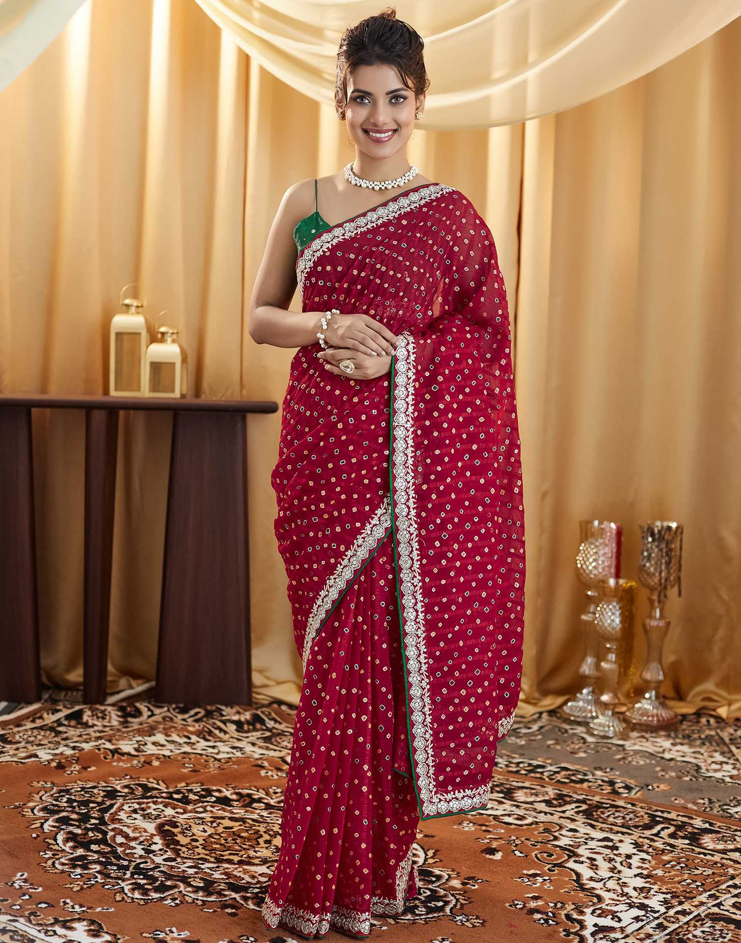 Dark Pink Bandhani Printed Georgette Saree