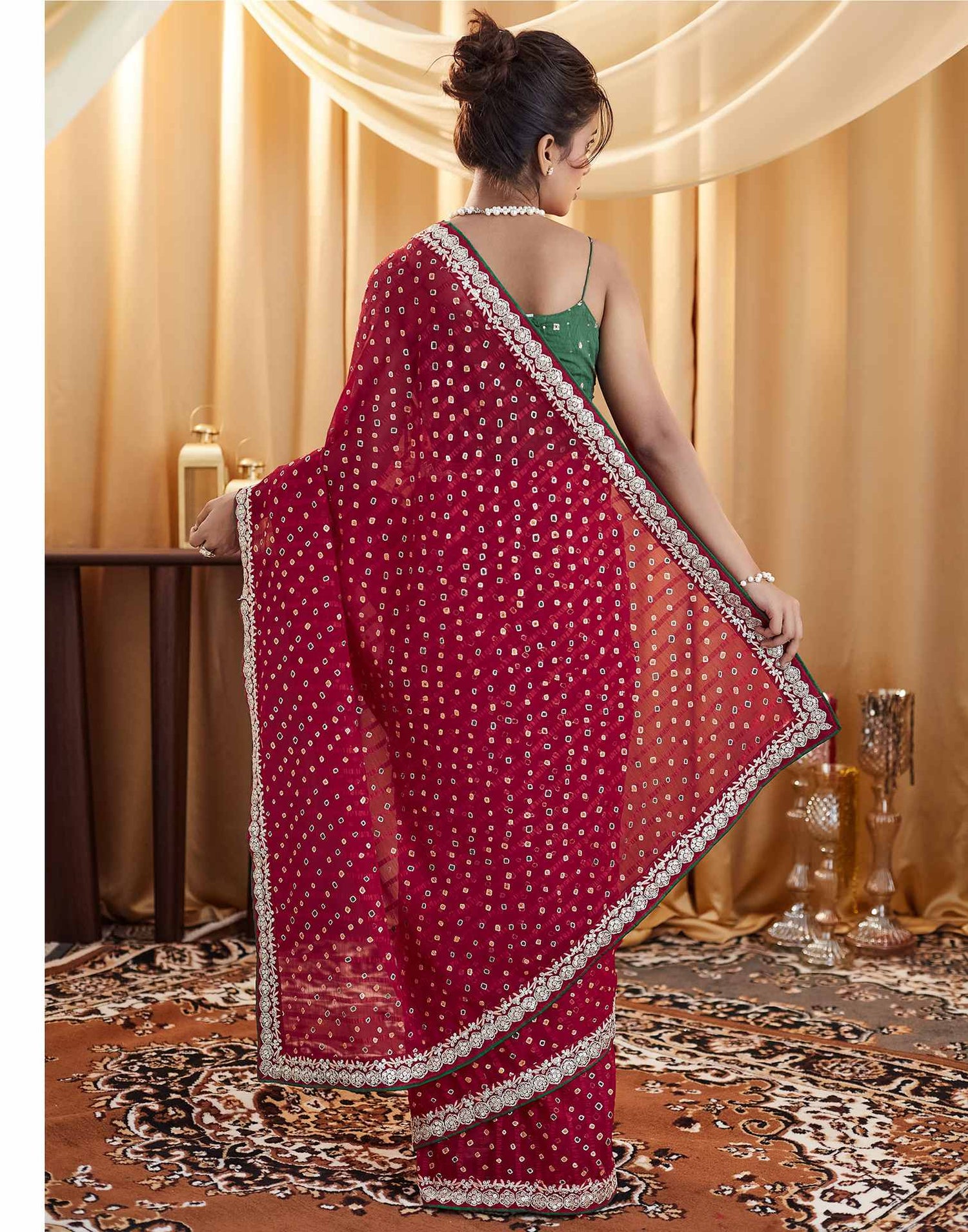 Dark Pink Bandhani Printed Georgette Saree