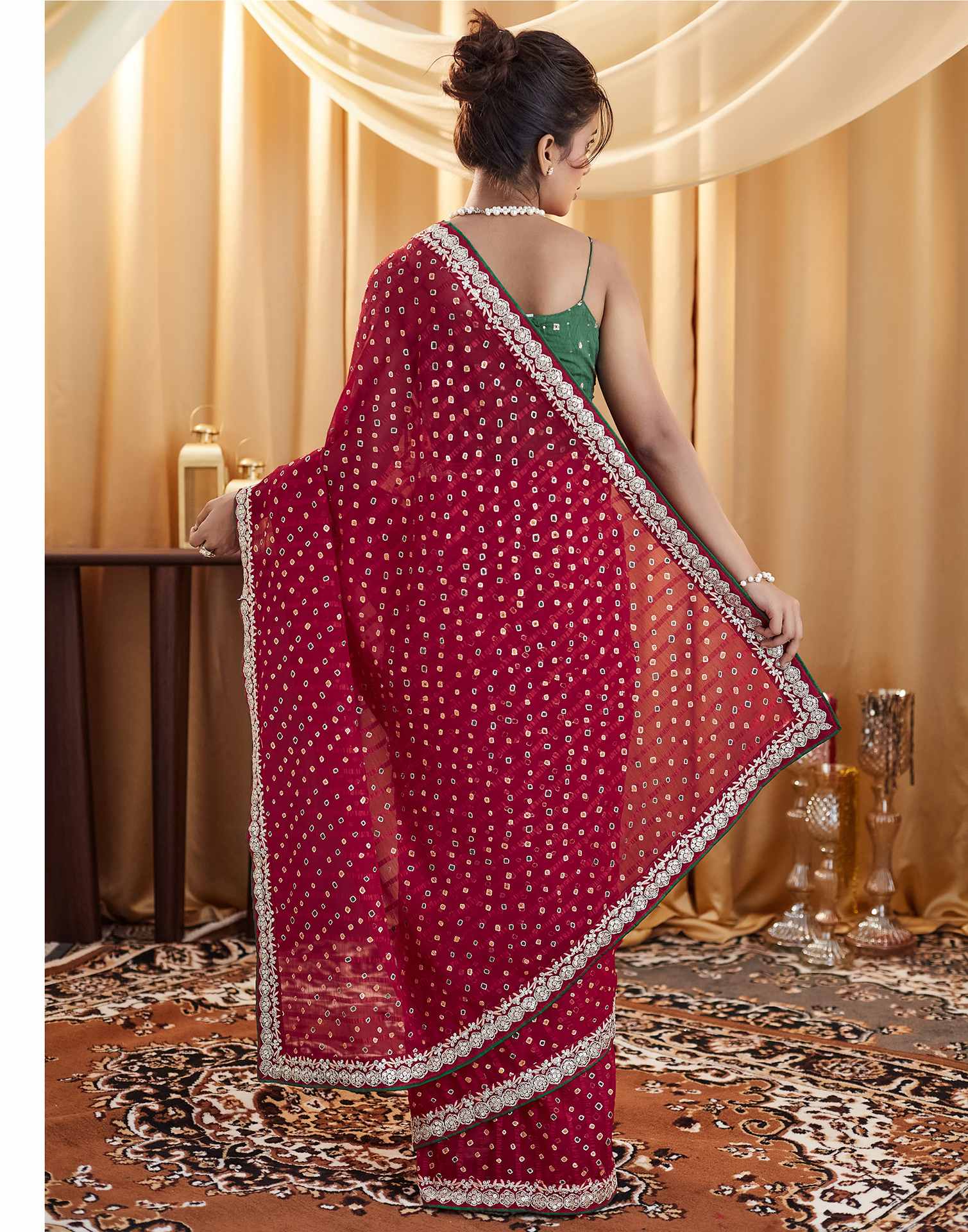 Dark Pink Bandhani Printed Georgette Saree