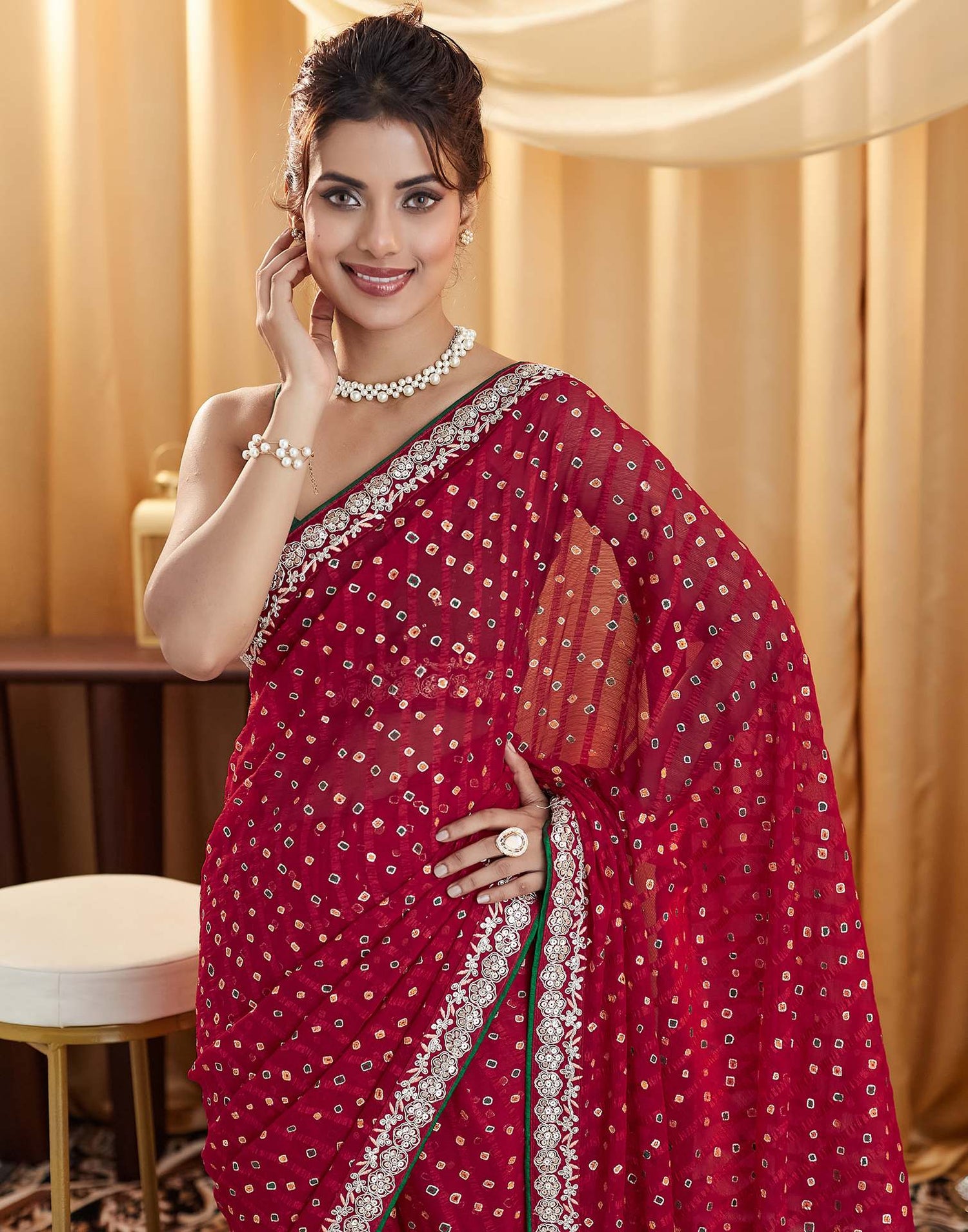 Dark Pink Bandhani Printed Georgette Saree
