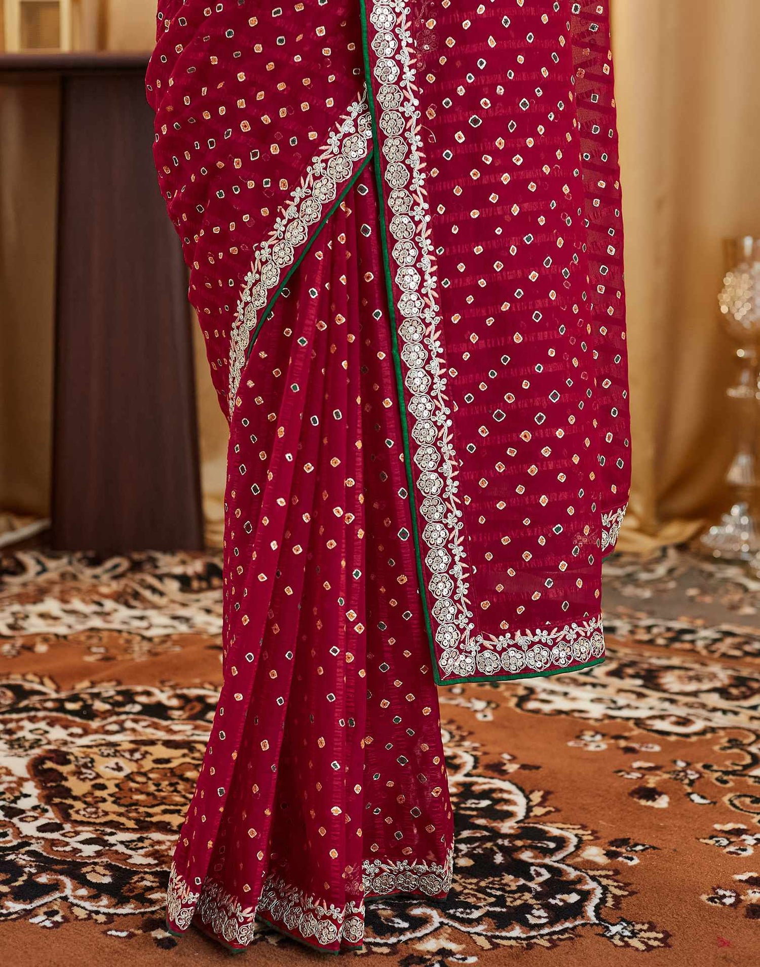 Dark Pink Bandhani Printed Georgette Saree