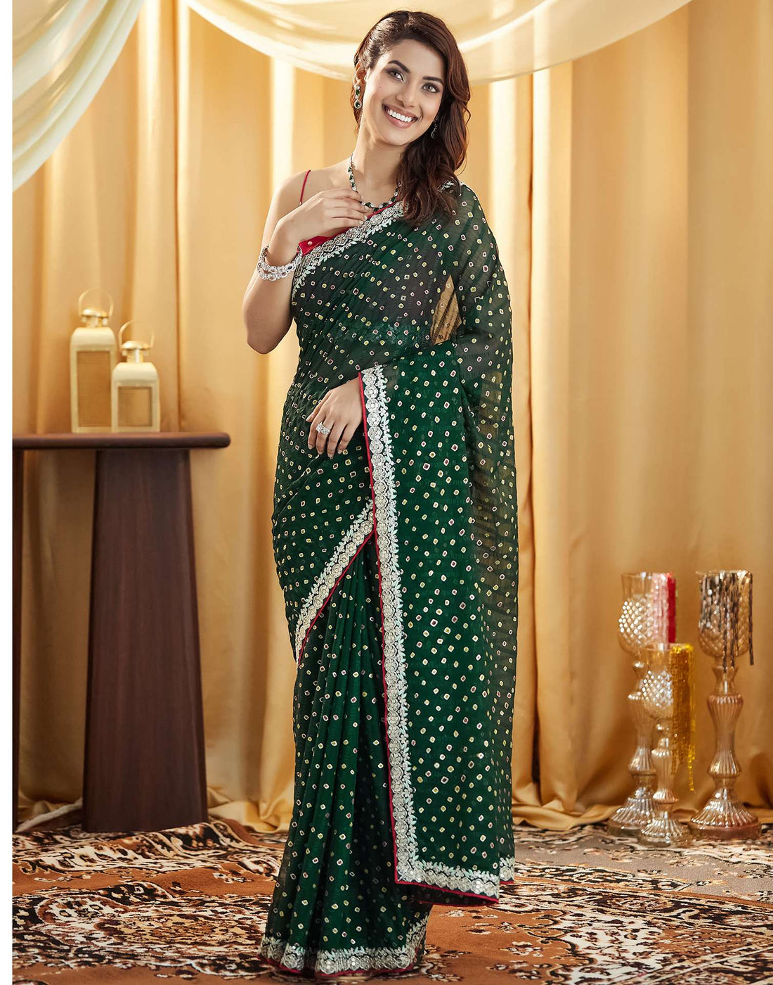 Dark Green Bandhani Printed Georgette Saree