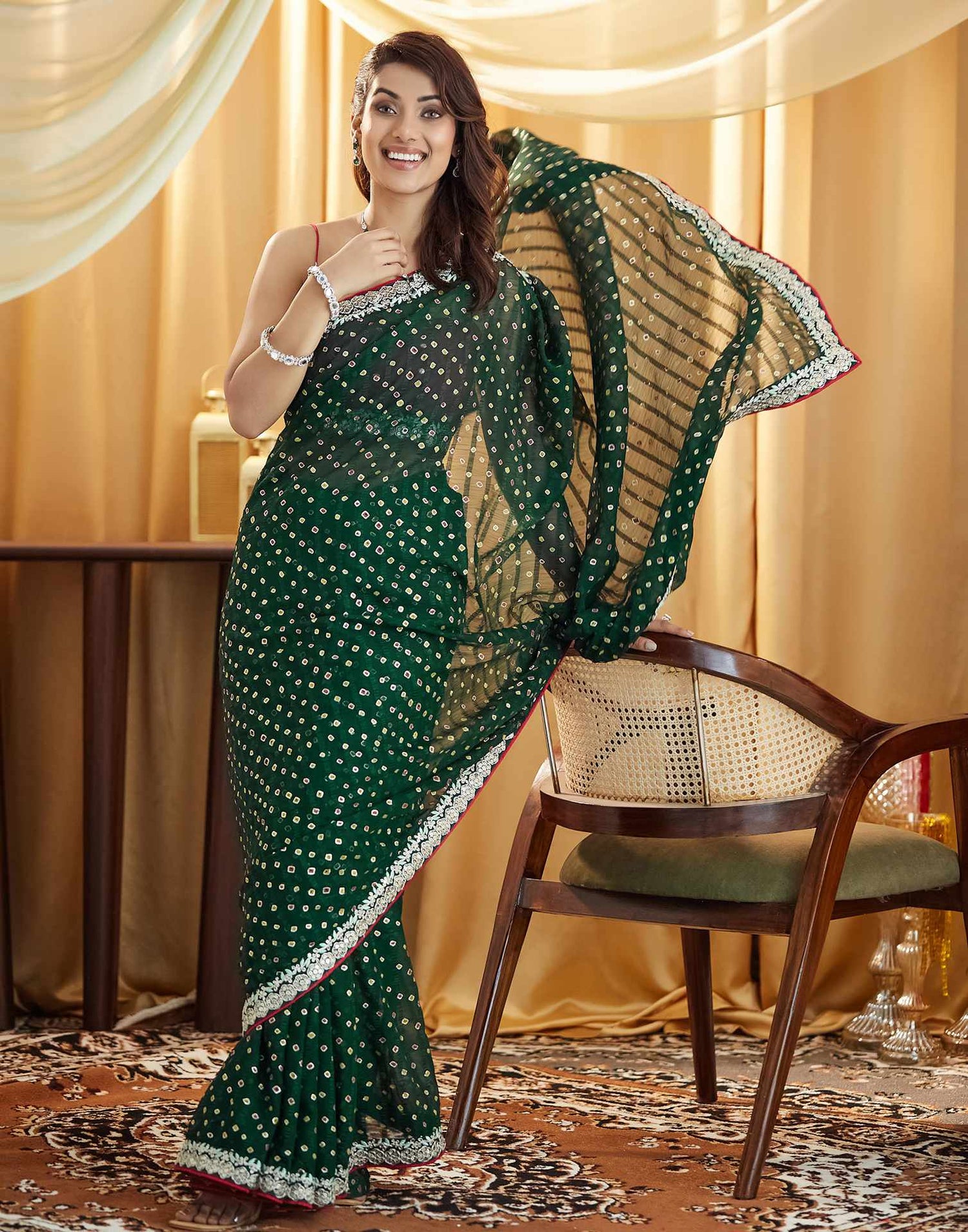 Dark Green Bandhani Printed Georgette Saree