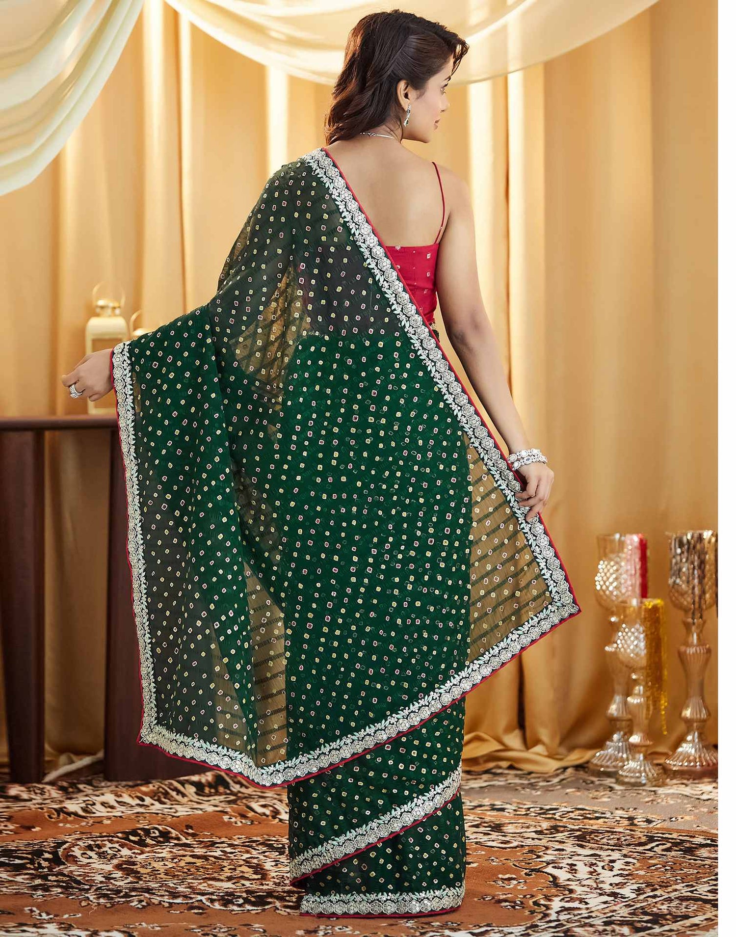 Dark Green Bandhani Printed Georgette Saree