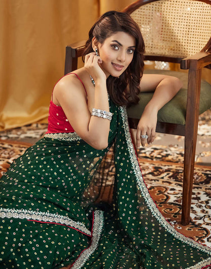 Dark Green Bandhani Printed Georgette Saree