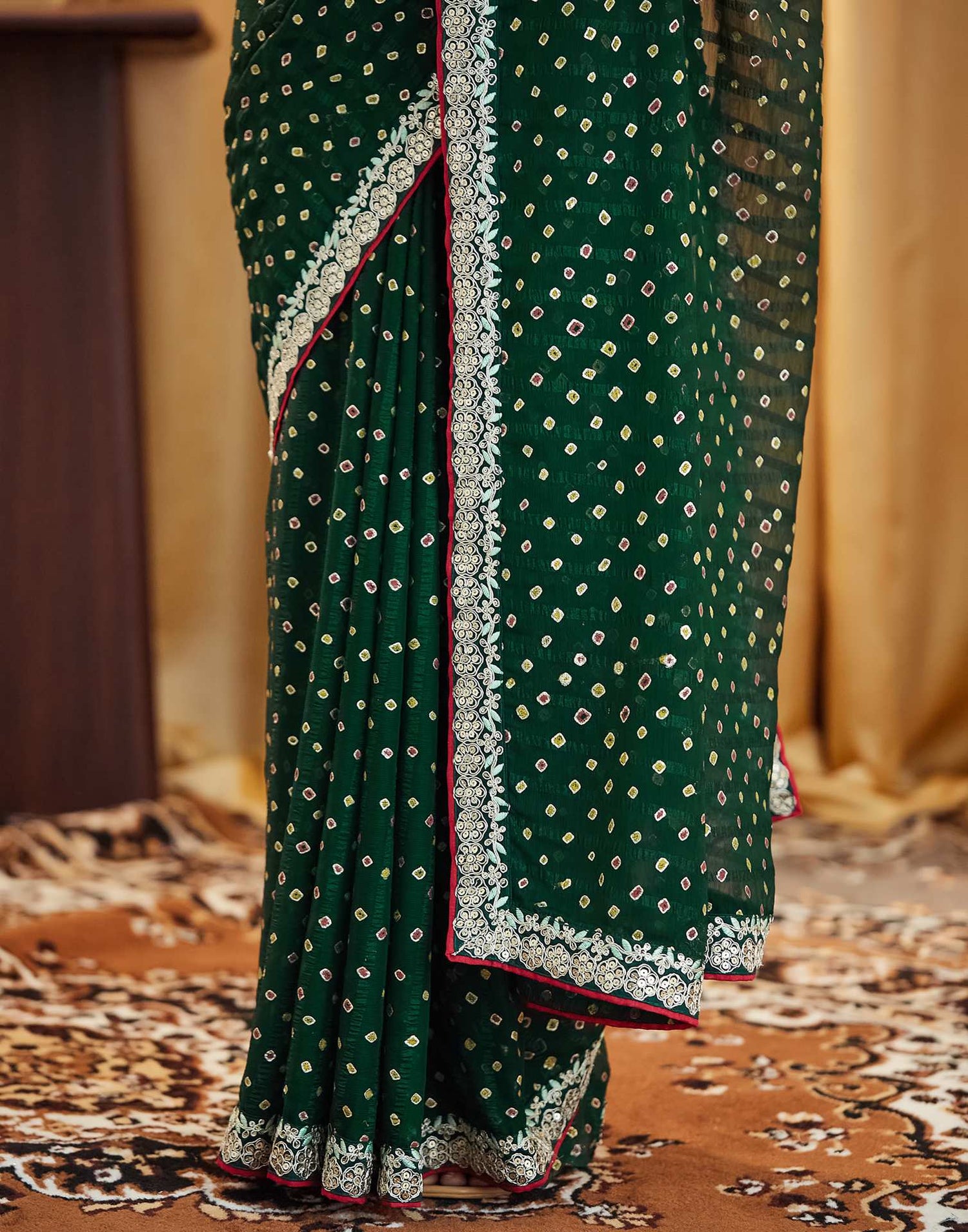 Dark Green Bandhani Printed Georgette Saree
