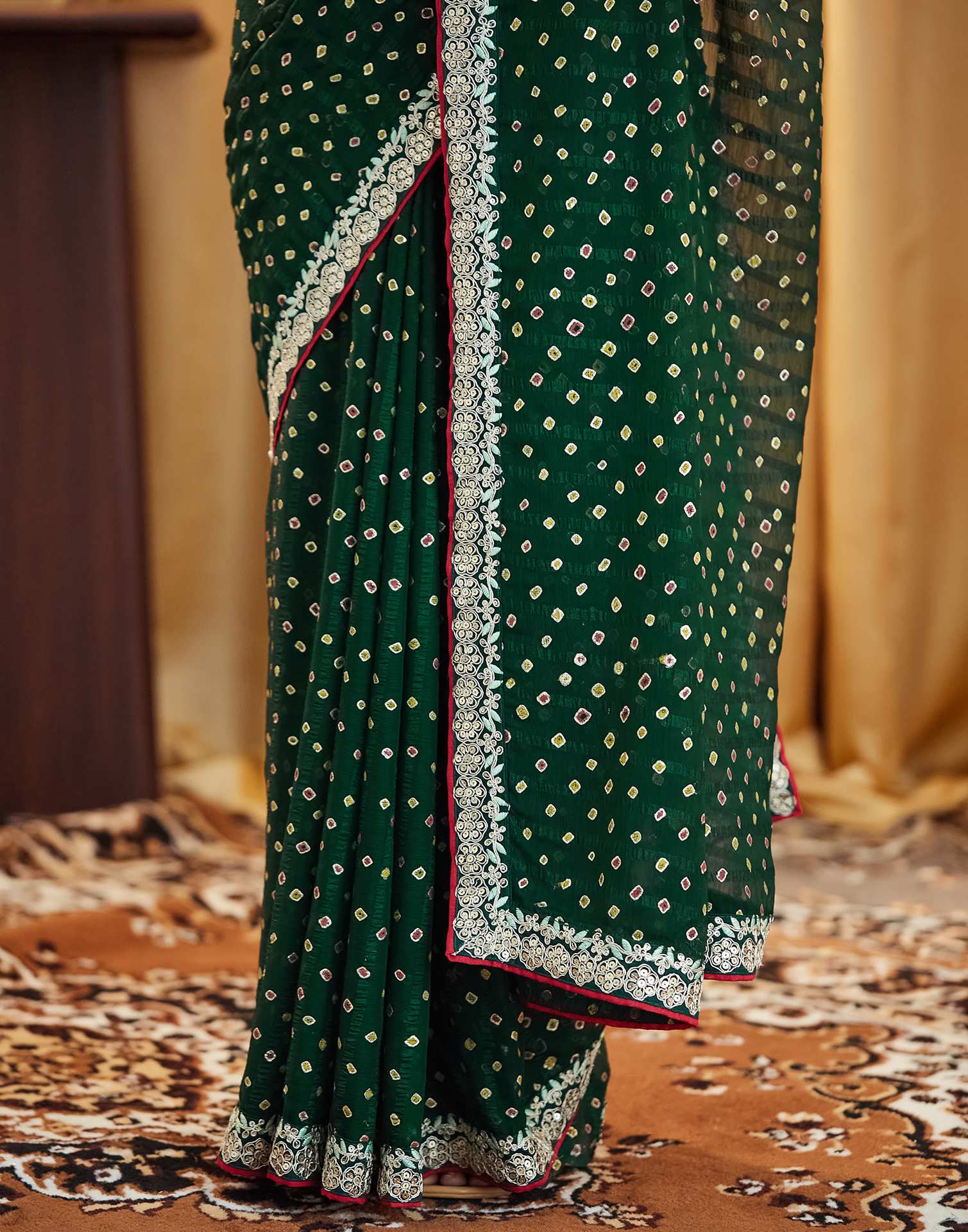 Dark Green Bandhani Printed Georgette Saree