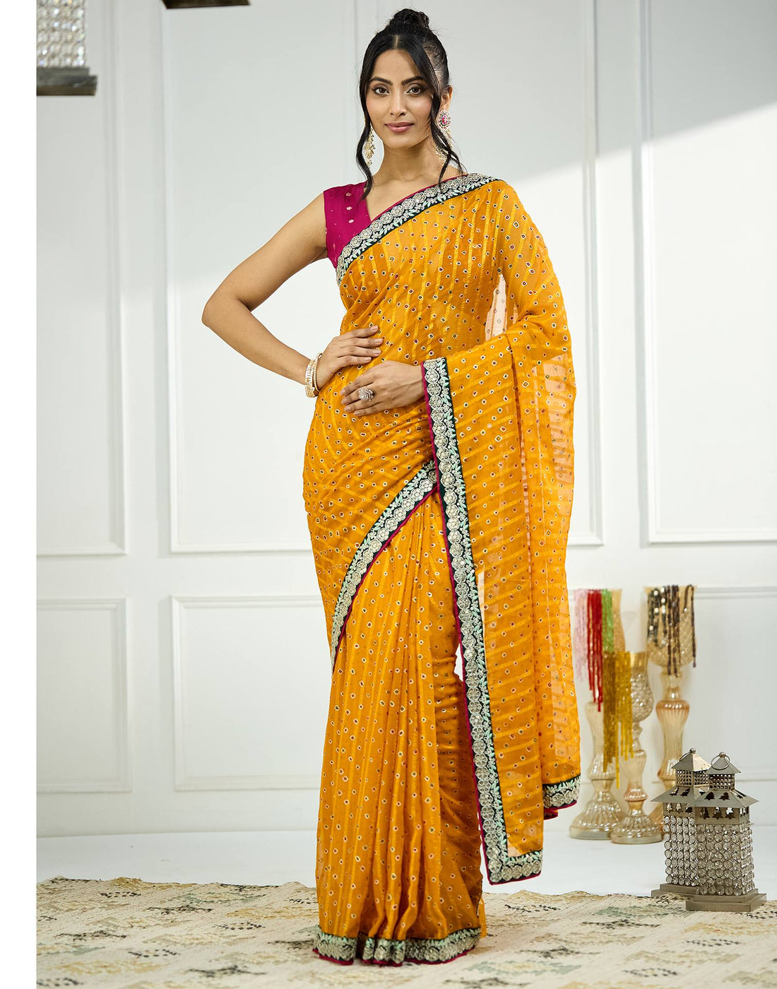 Turmeric Yellow Bandhani Printed Georgette Saree