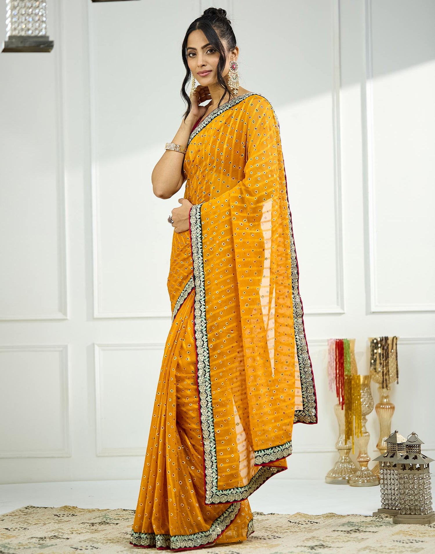 Turmeric Yellow Bandhani Printed Georgette Saree