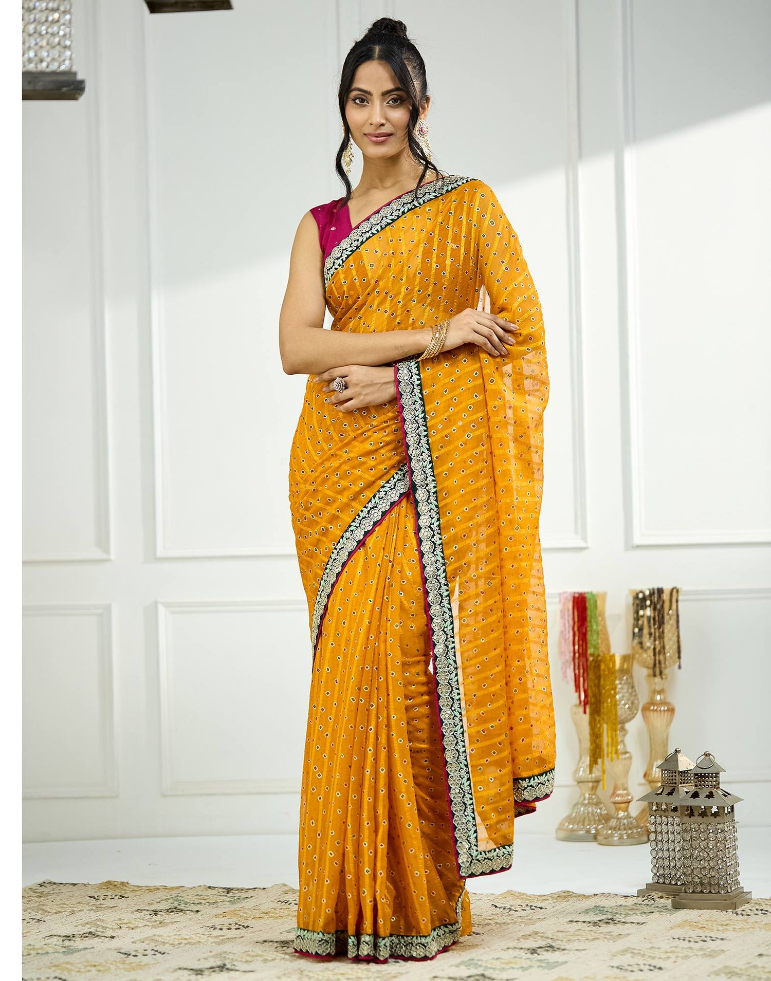 Turmeric Yellow Bandhani Printed Georgette Saree