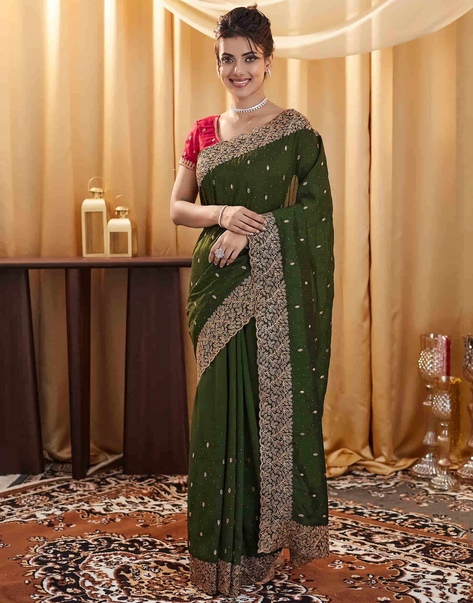 Dark Olive Green Silk Embroidery Swarovski Saree