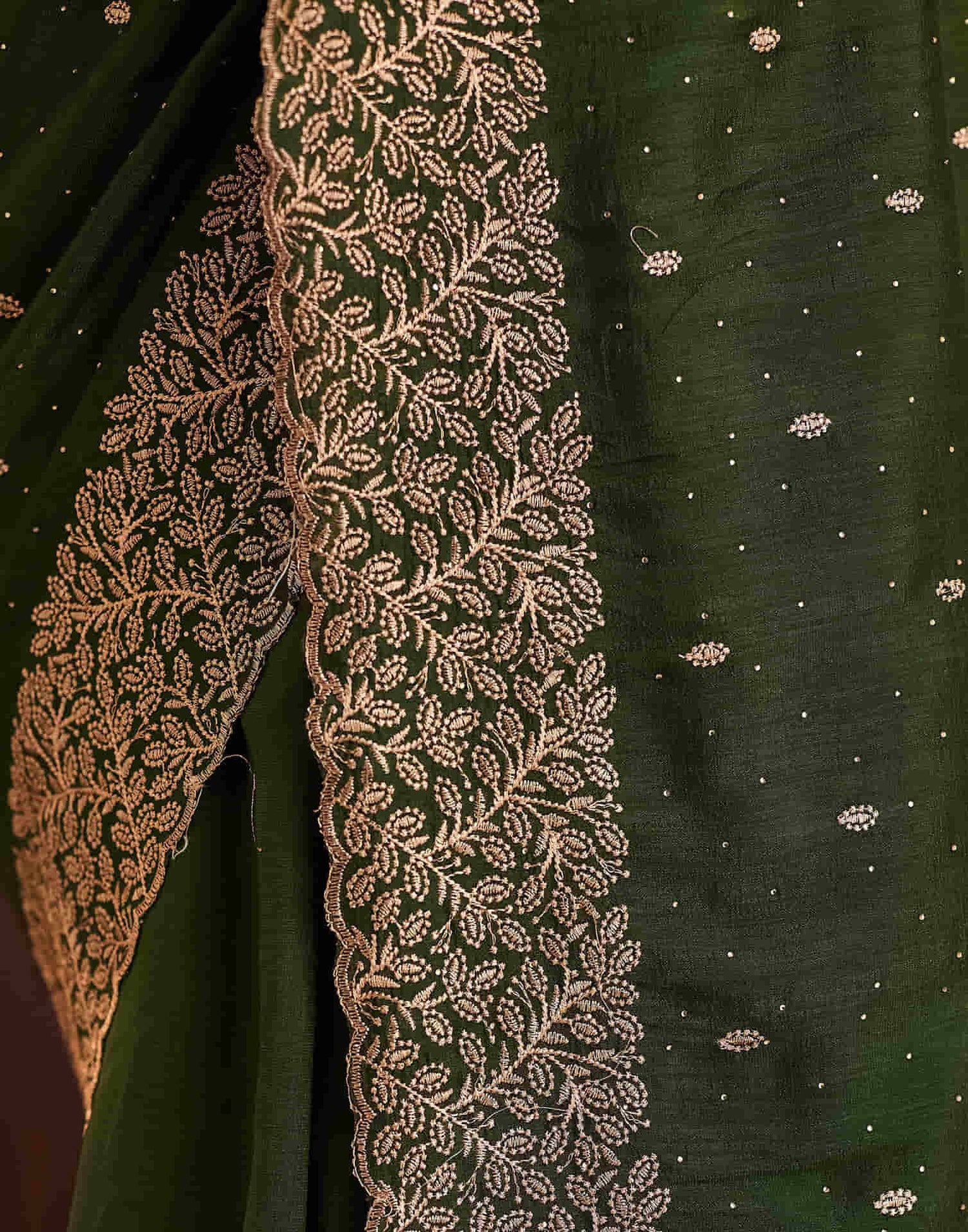 Dark Olive Green Silk Embroidery Swarovski Saree