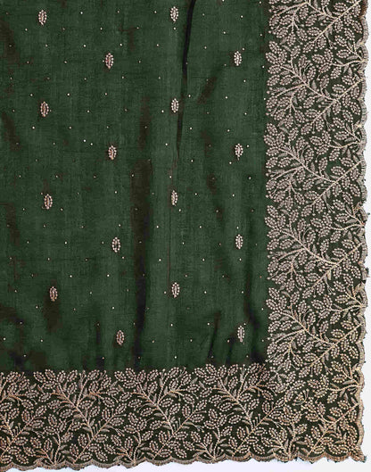 Dark Olive Green Silk Embroidery Swarovski Saree