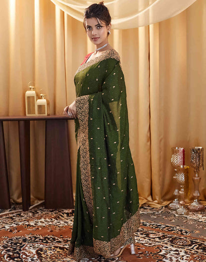 Dark Olive Green Silk Embroidery Swarovski Saree