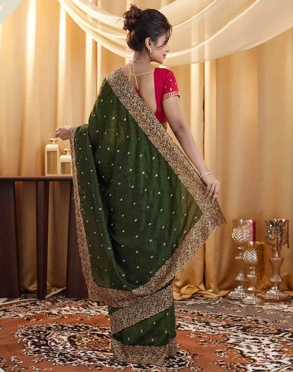 Dark Olive Green Silk Embroidery Swarovski Saree