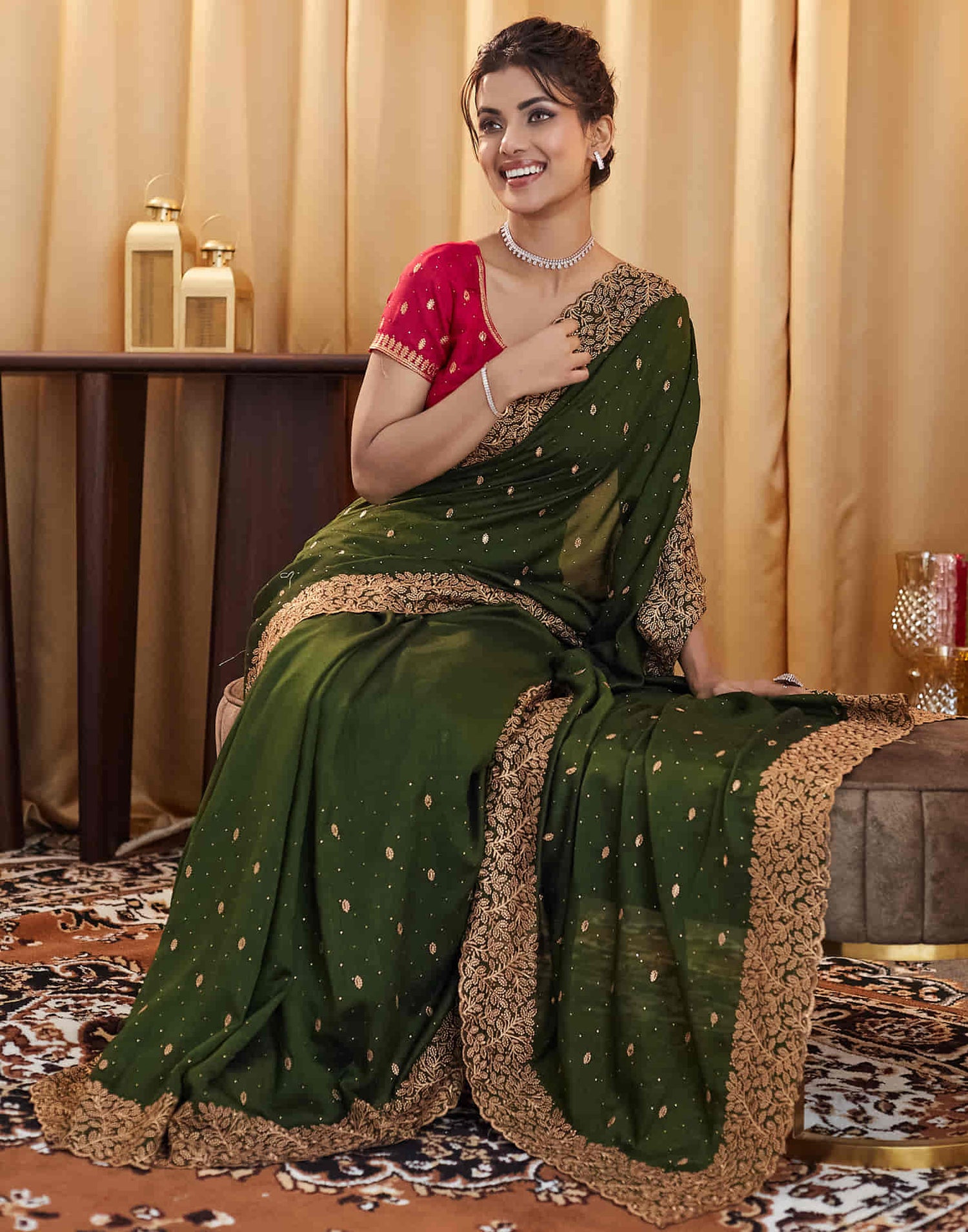 Dark Olive Green Silk Embroidery Swarovski Saree