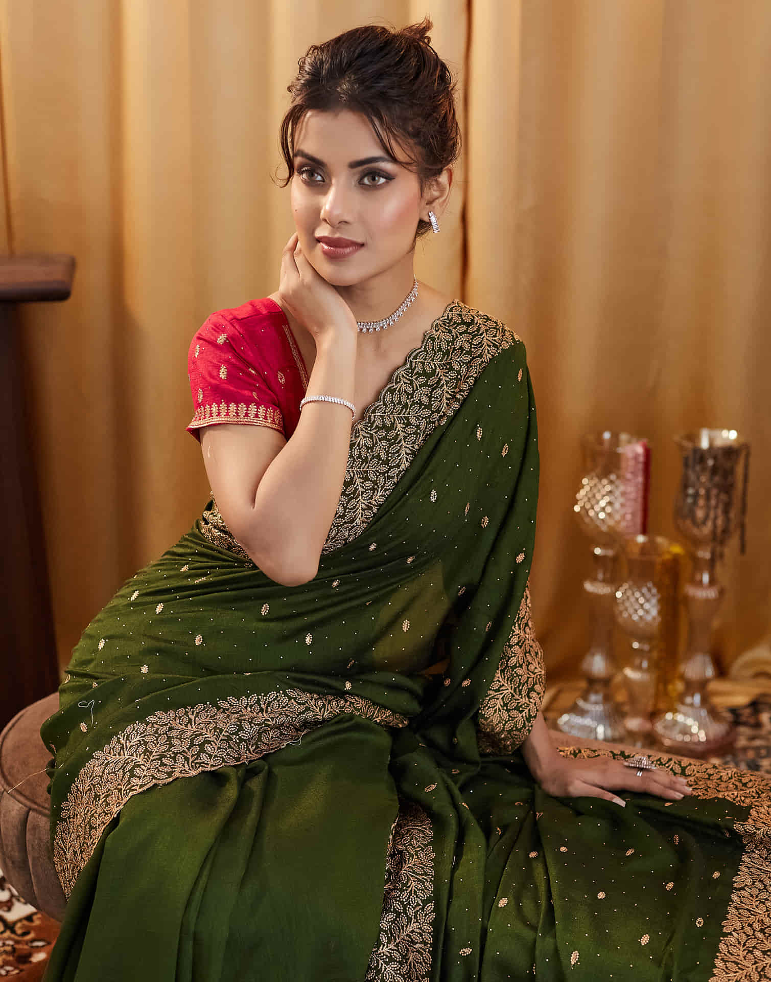 Dark Olive Green Silk Embroidery Swarovski Saree