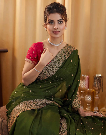 Dark Olive Green Silk Embroidery Swarovski Saree