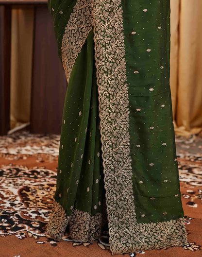 Dark Olive Green Silk Embroidery Swarovski Saree