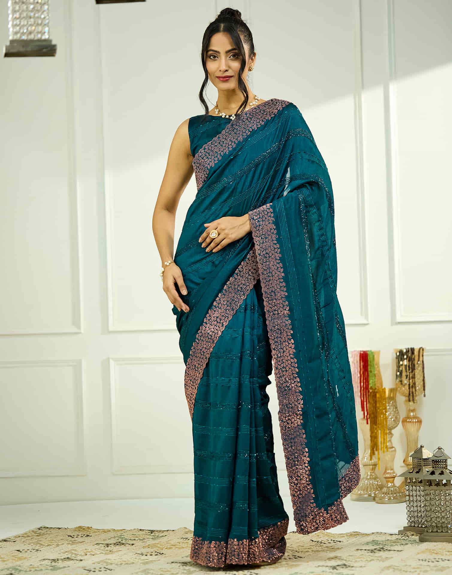 Rama Blue Silk Stone Work Swarovski Saree