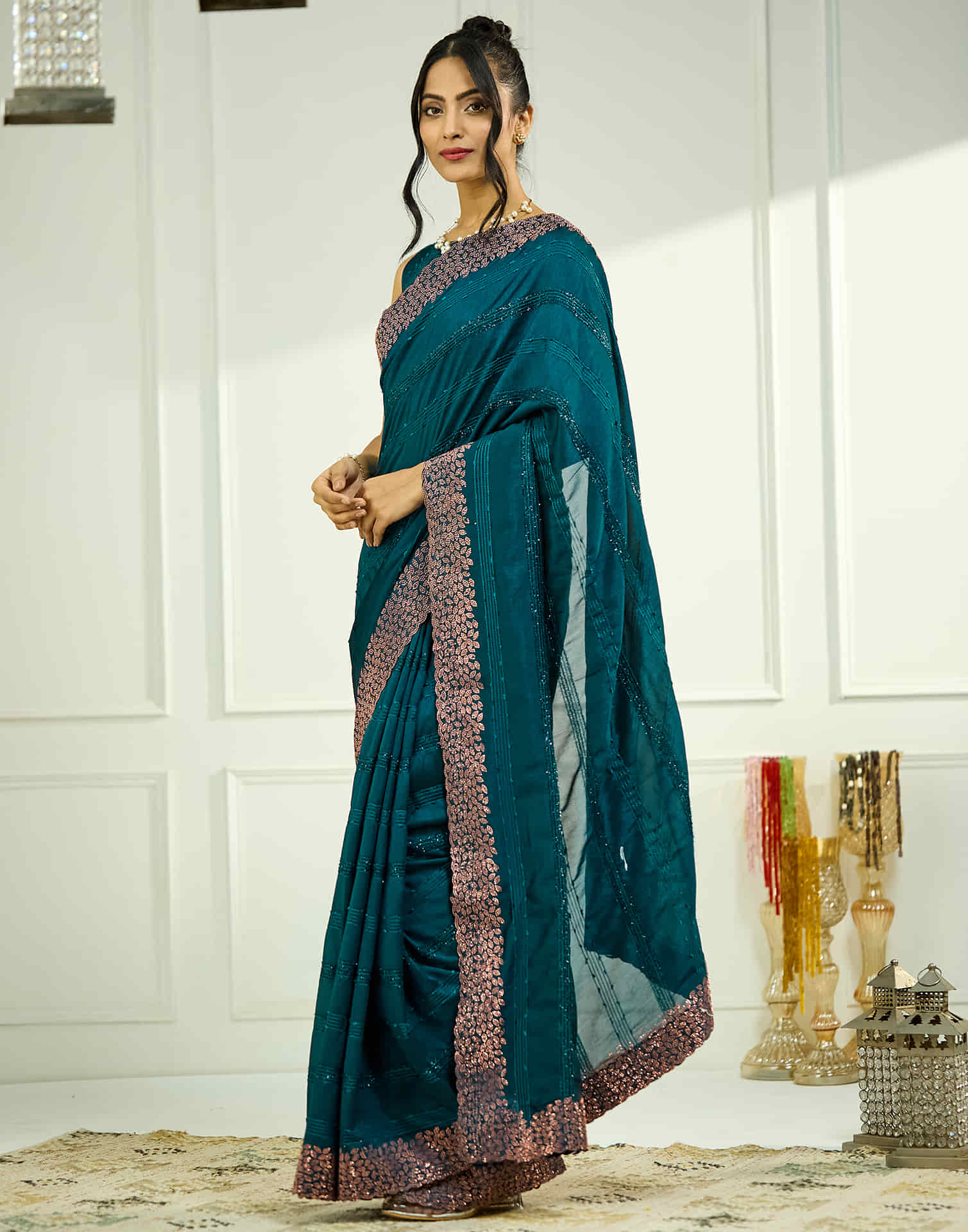 Rama Blue Silk Stone Work Swarovski Saree