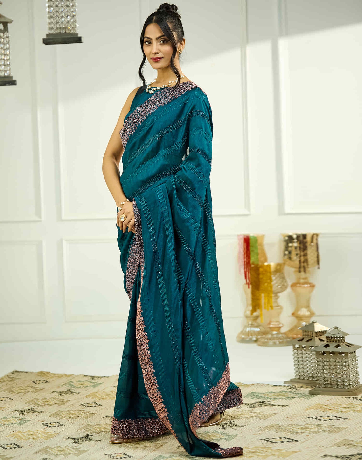 Rama Blue Silk Stone Work Swarovski Saree