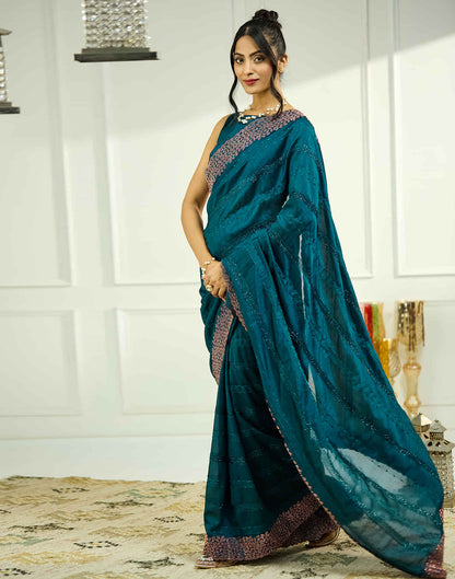 Rama Blue Silk Stone Work Swarovski Saree