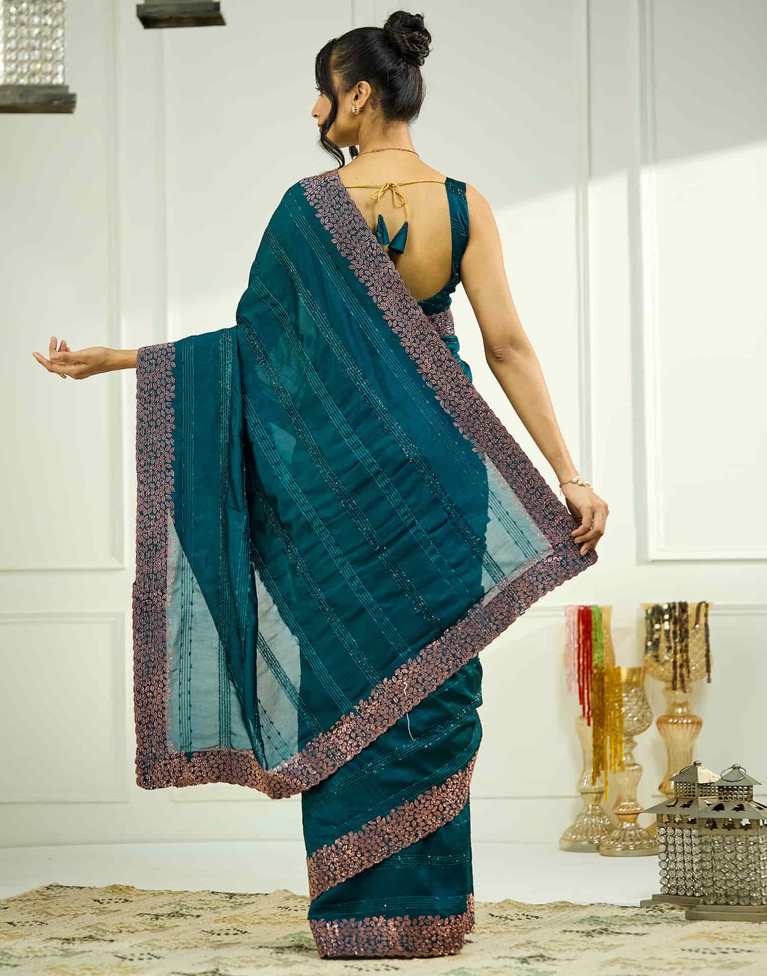 Rama Blue Silk Stone Work Swarovski Saree