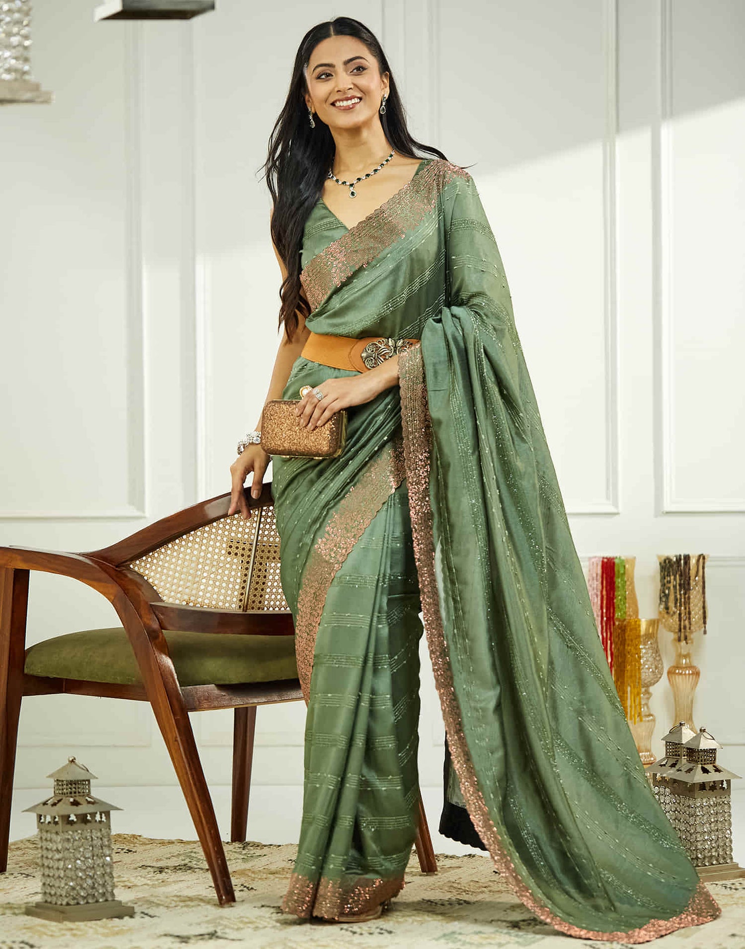 Green Silk Stone Work Swarovski Saree