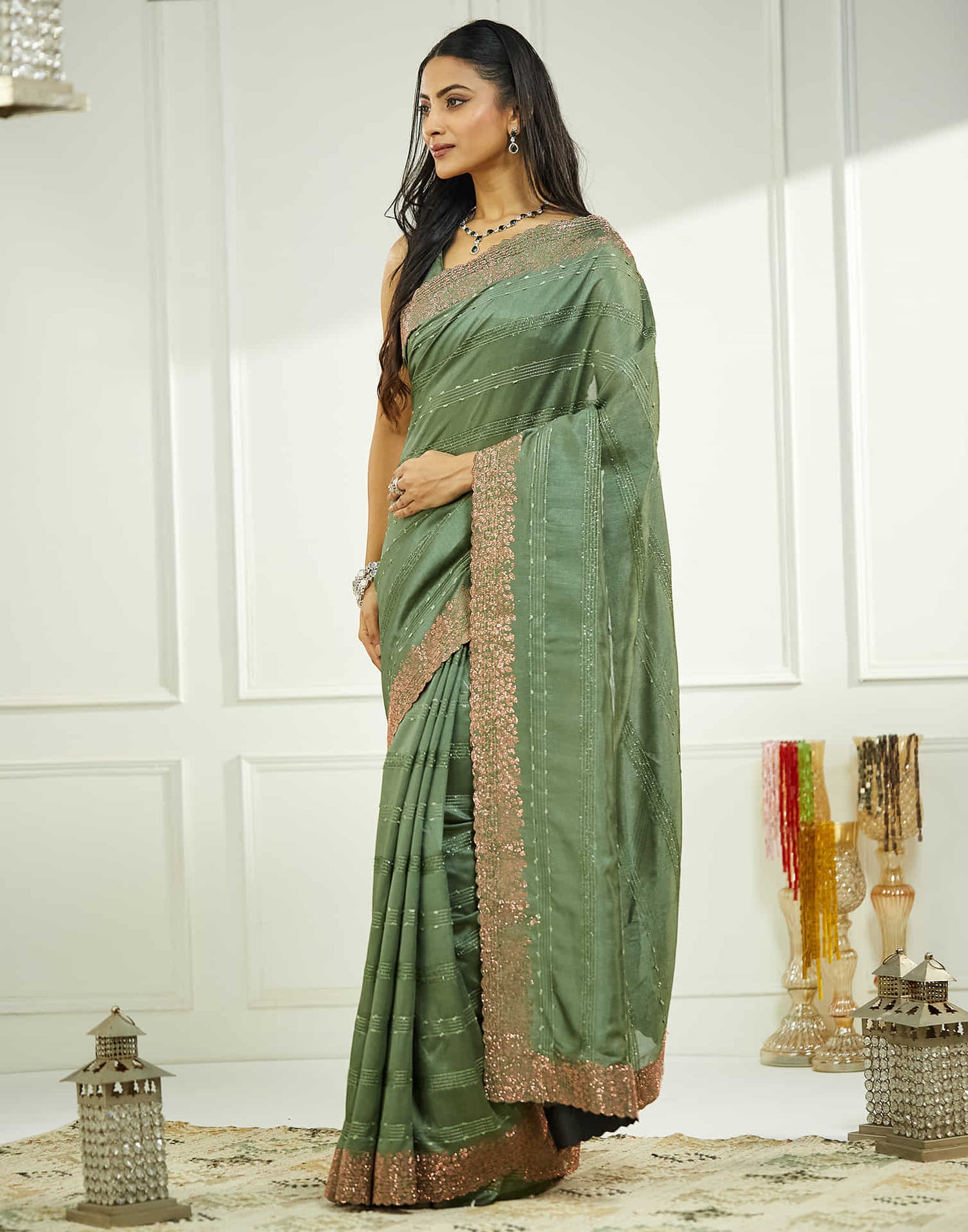 Green Silk Stone Work Swarovski Saree