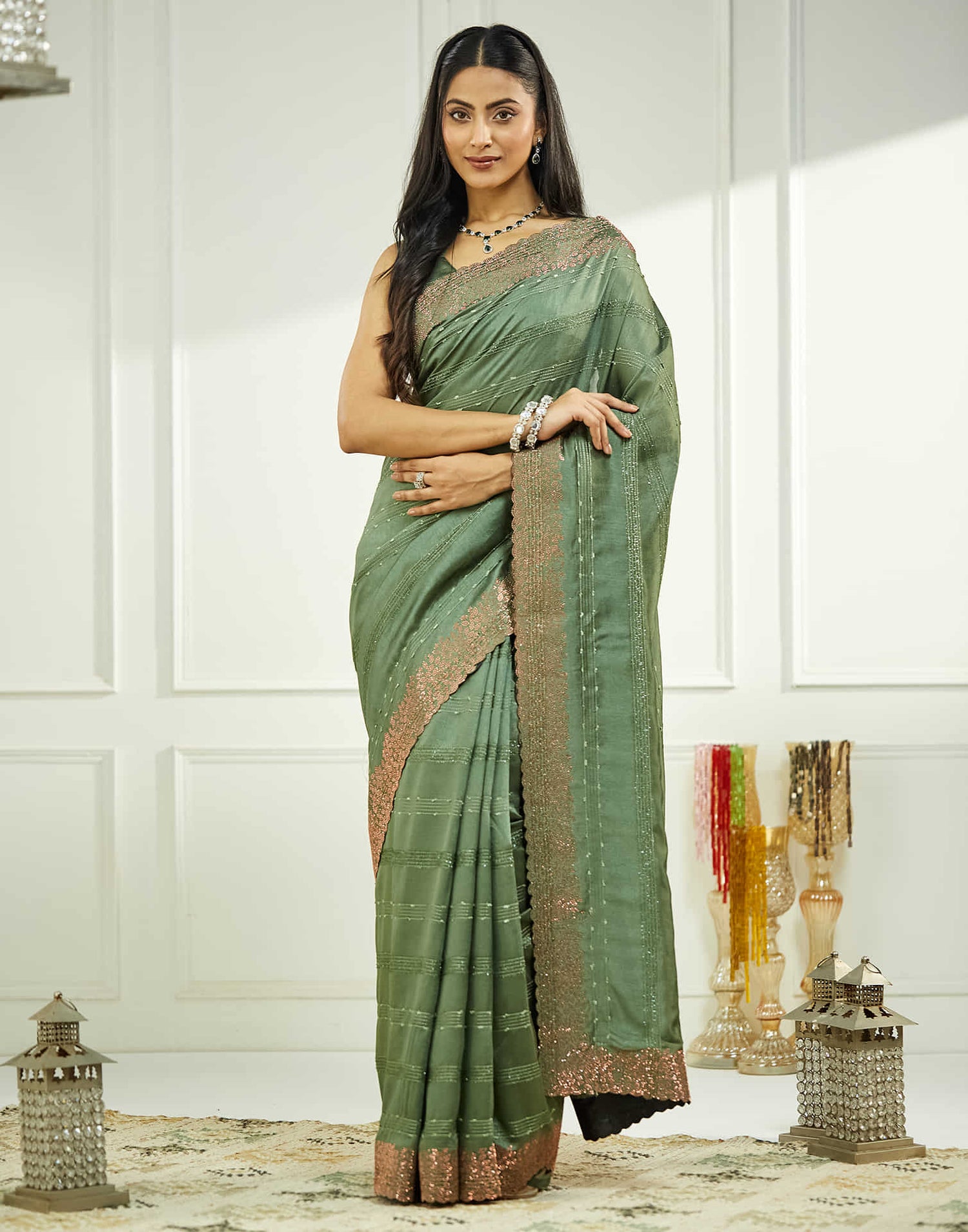 Green Silk Stone Work Swarovski Saree