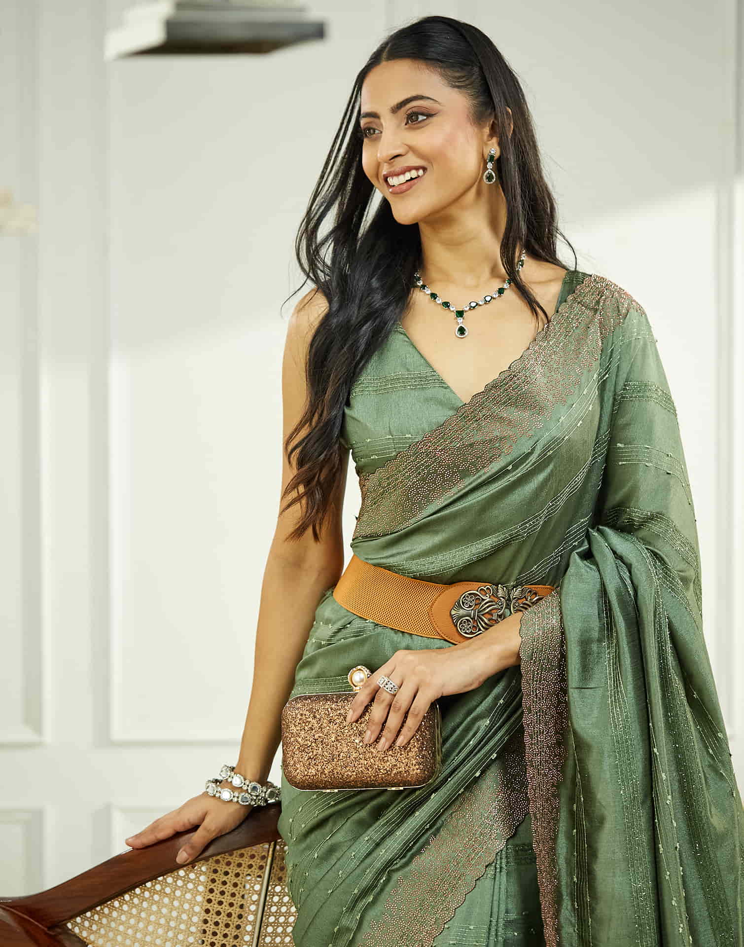 Green Silk Stone Work Swarovski Saree