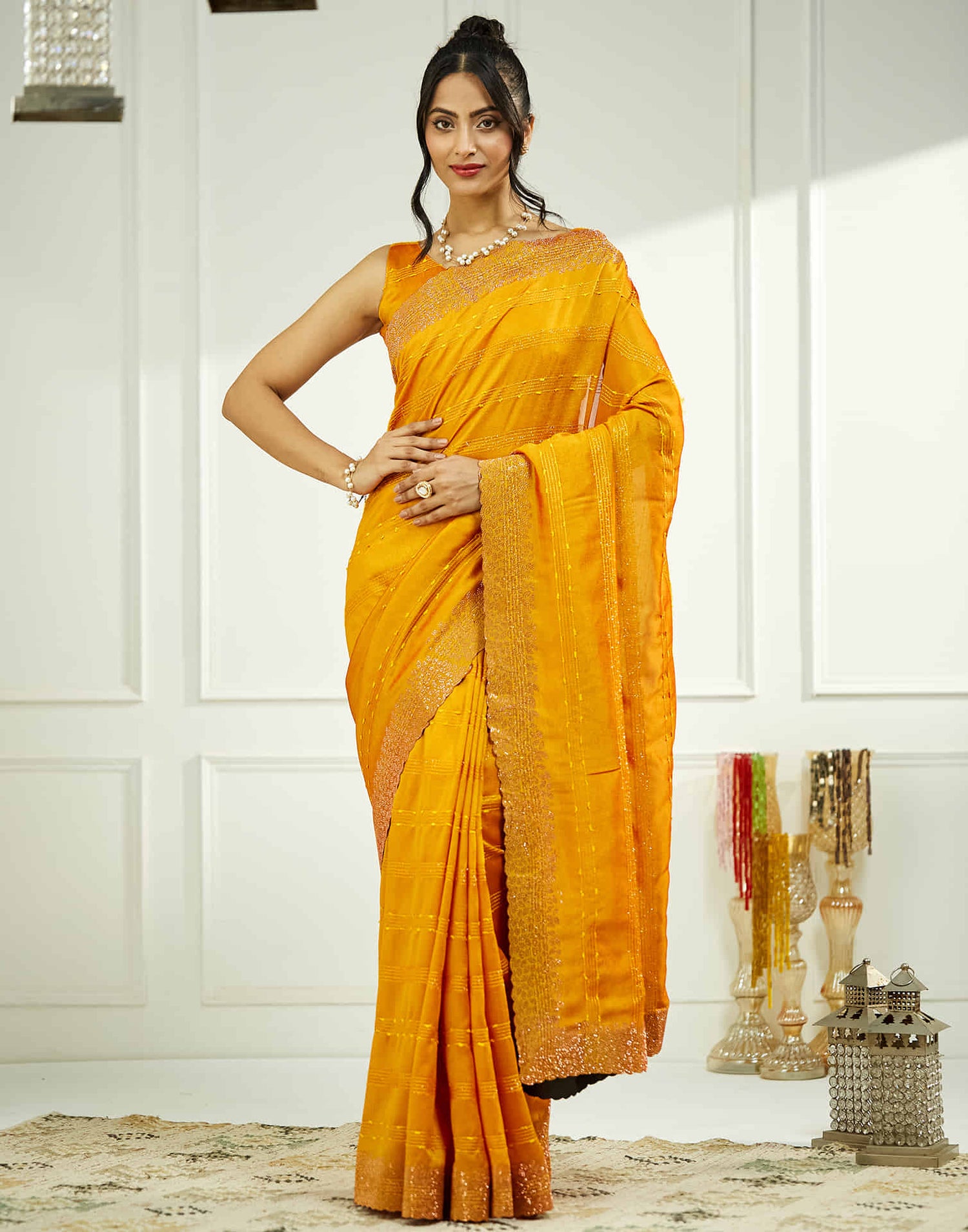 Yellow Silk Stone Work Swarovski Saree