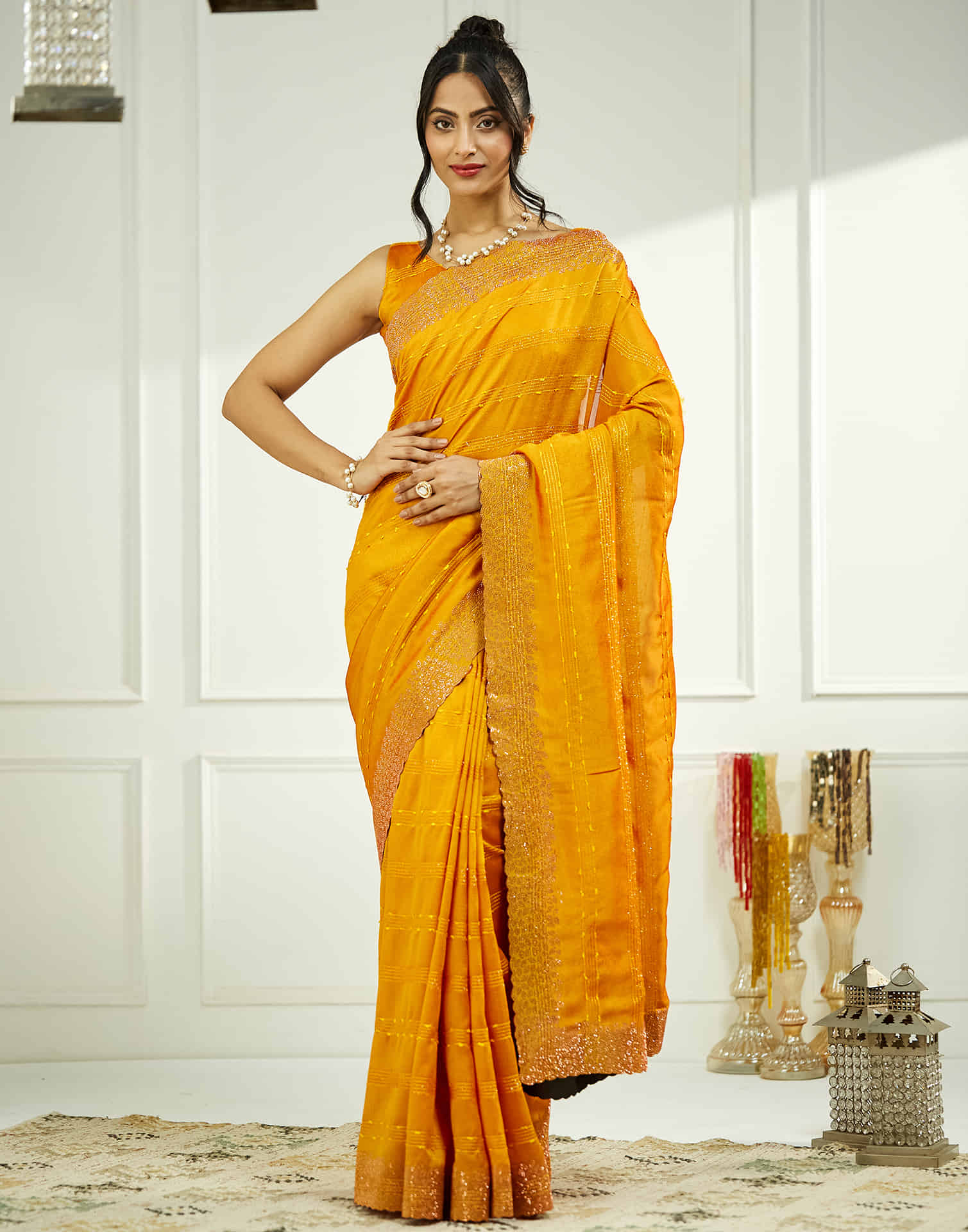 Yellow Silk Stone Work Swarovski Saree