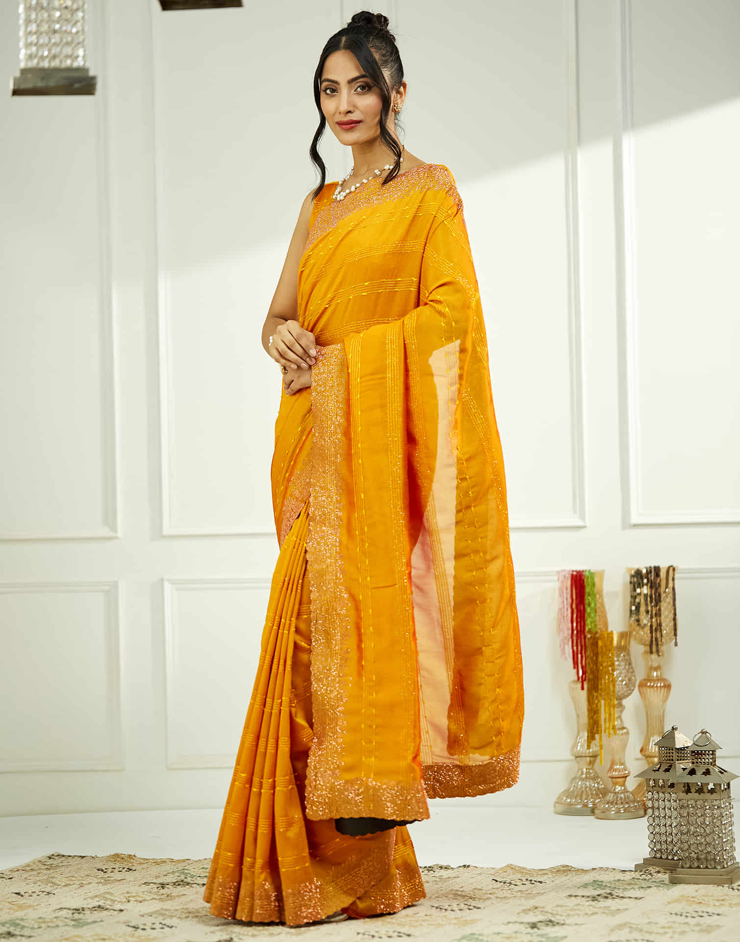 Yellow Silk Stone Work Swarovski Saree