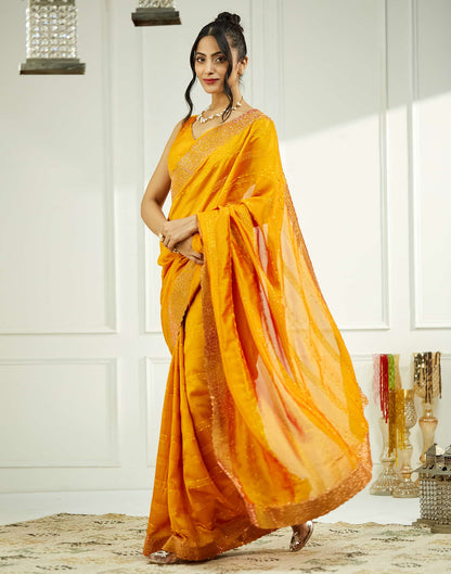 Yellow Silk Stone Work Swarovski Saree