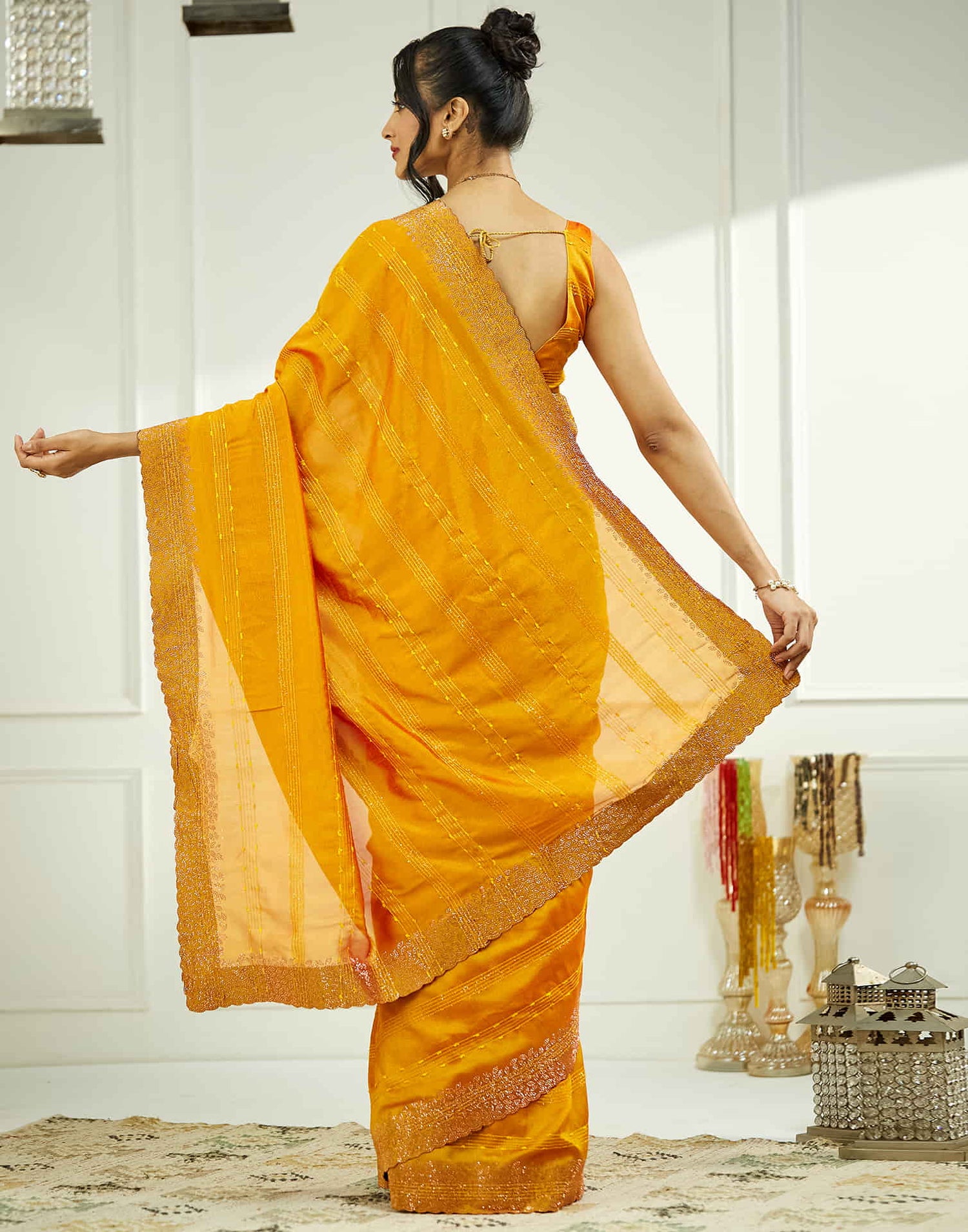 Yellow Silk Stone Work Swarovski Saree