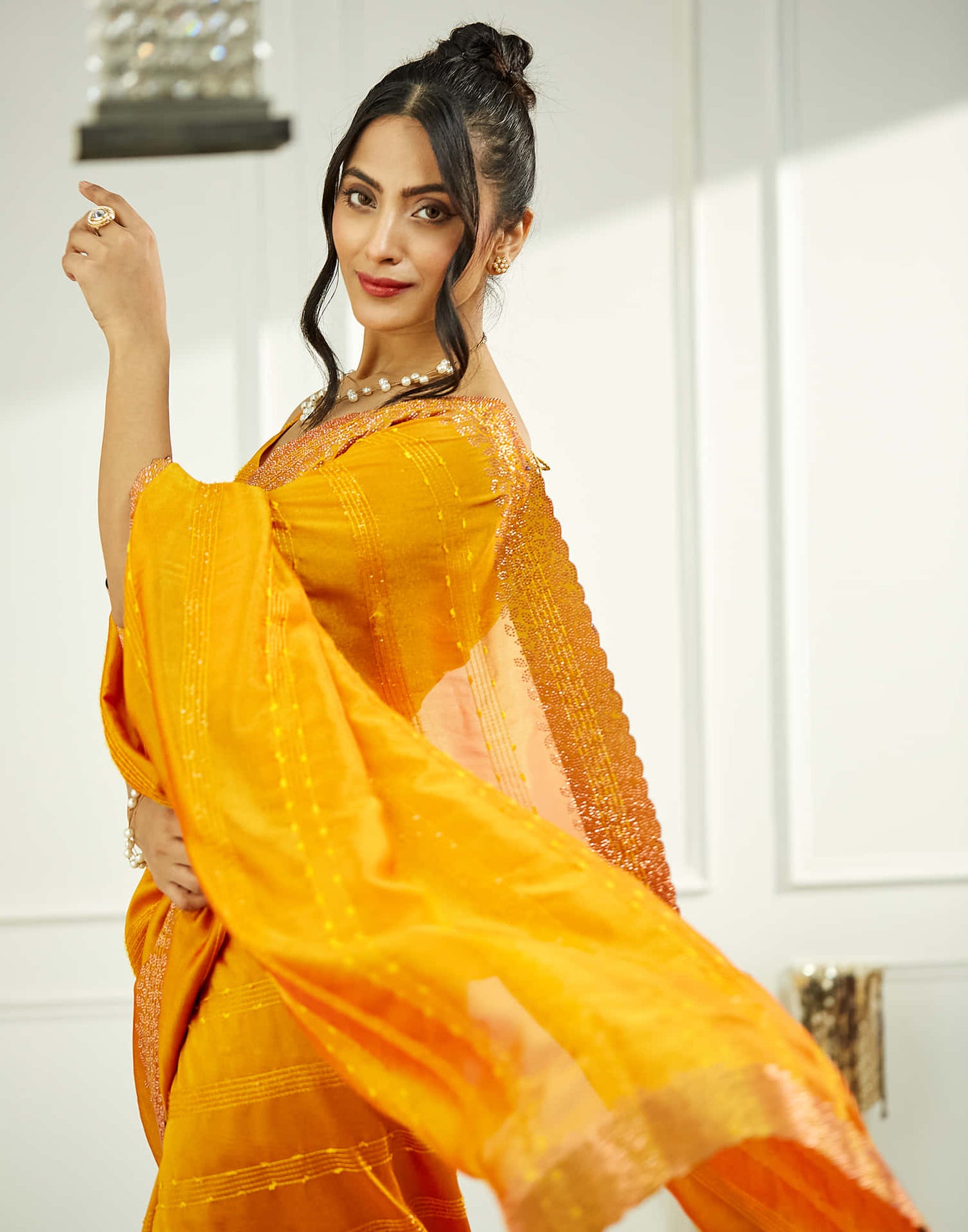 Yellow Silk Stone Work Swarovski Saree