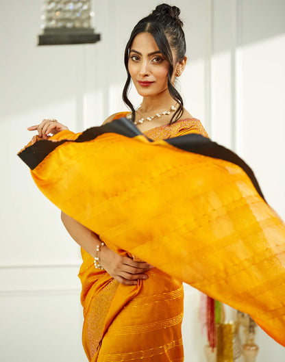 Yellow Silk Stone Work Swarovski Saree