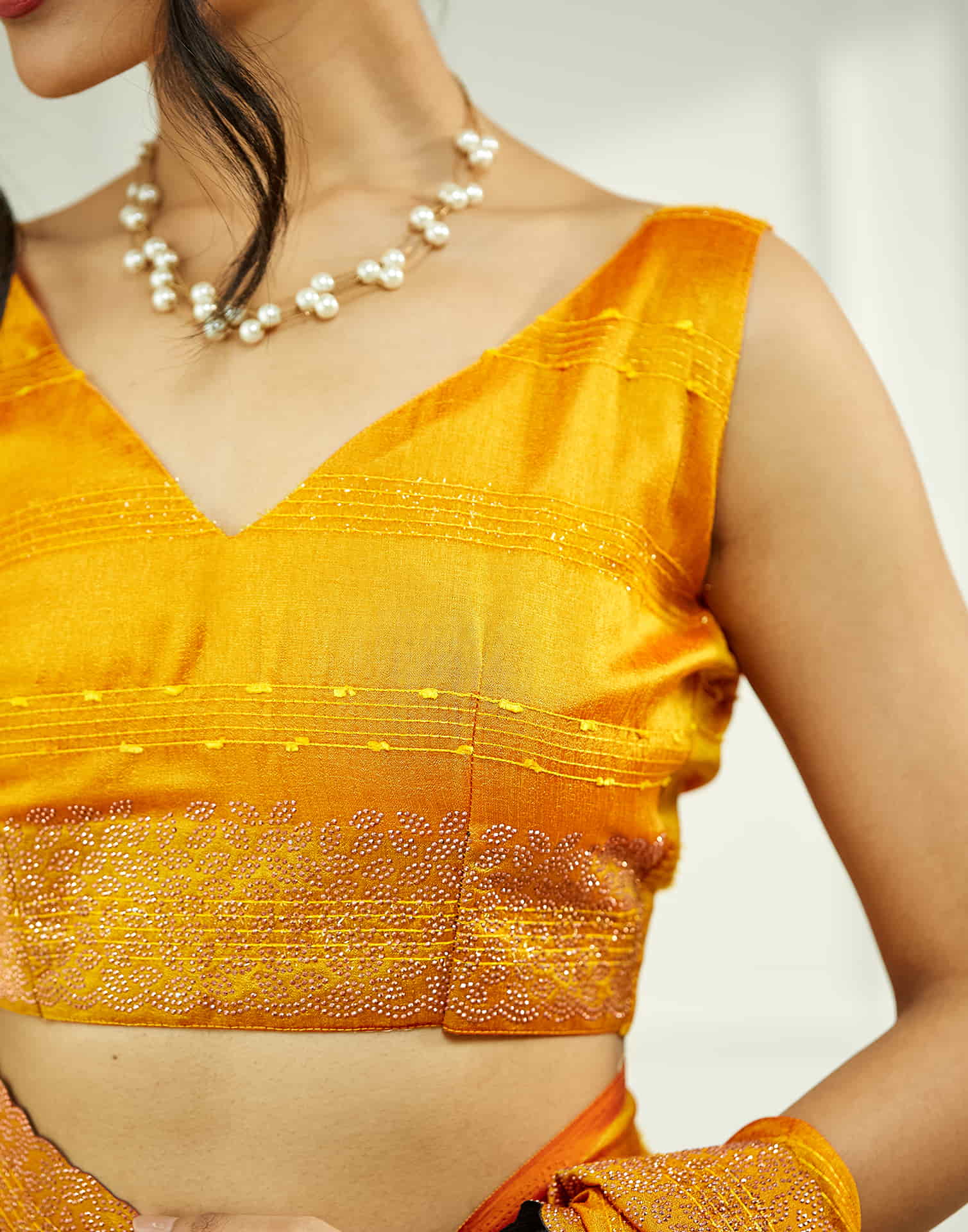 Yellow Silk Stone Work Swarovski Saree