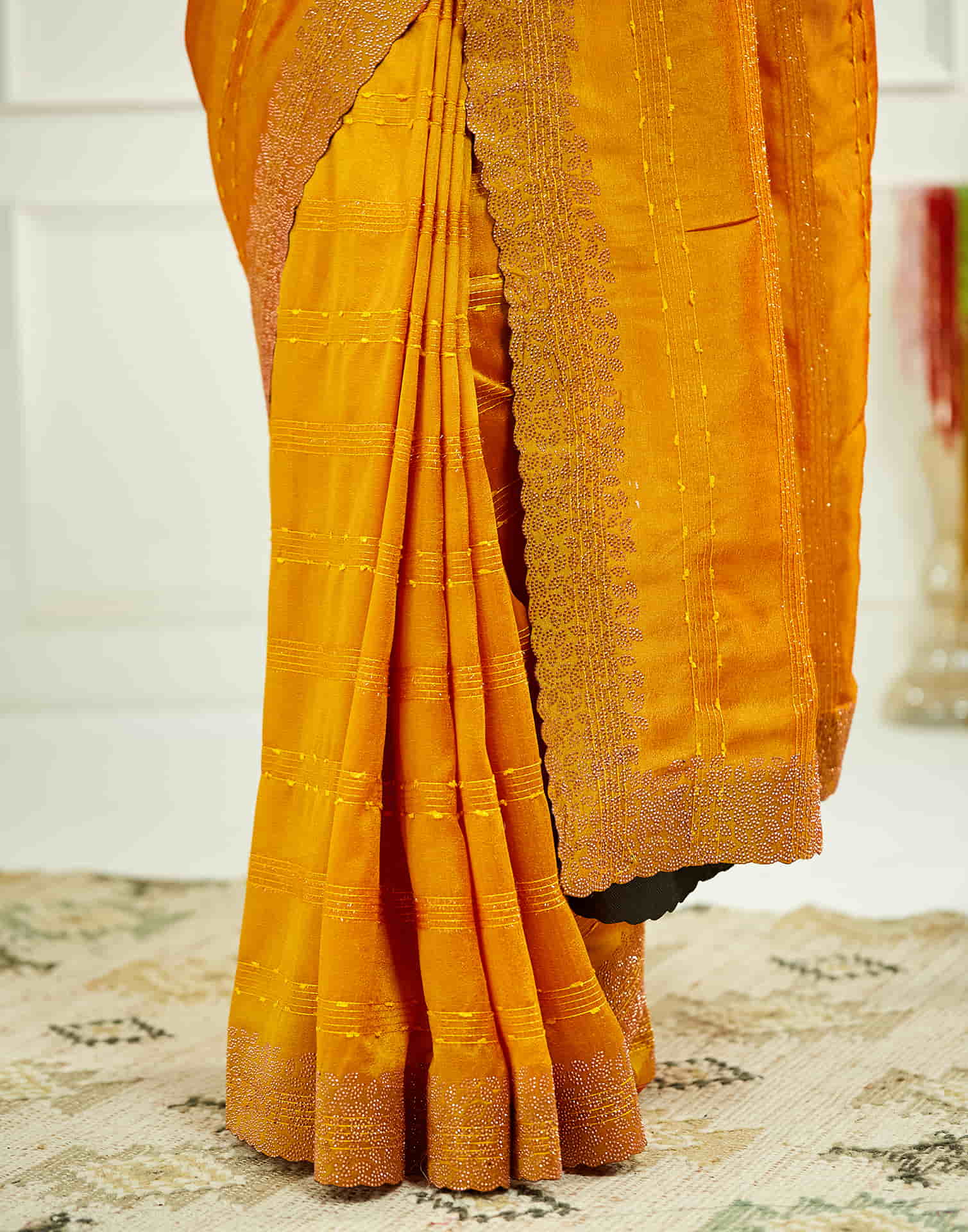 Yellow Silk Stone Work Swarovski Saree